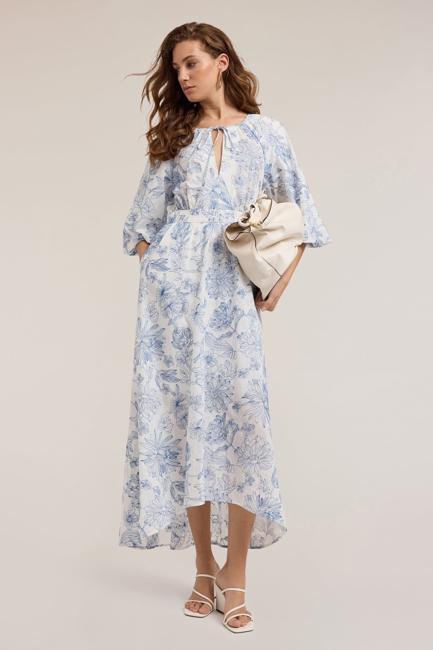 LONG COTTON DRESS WITH FLORAL EMBROIDERY LIGHT BLUE 1