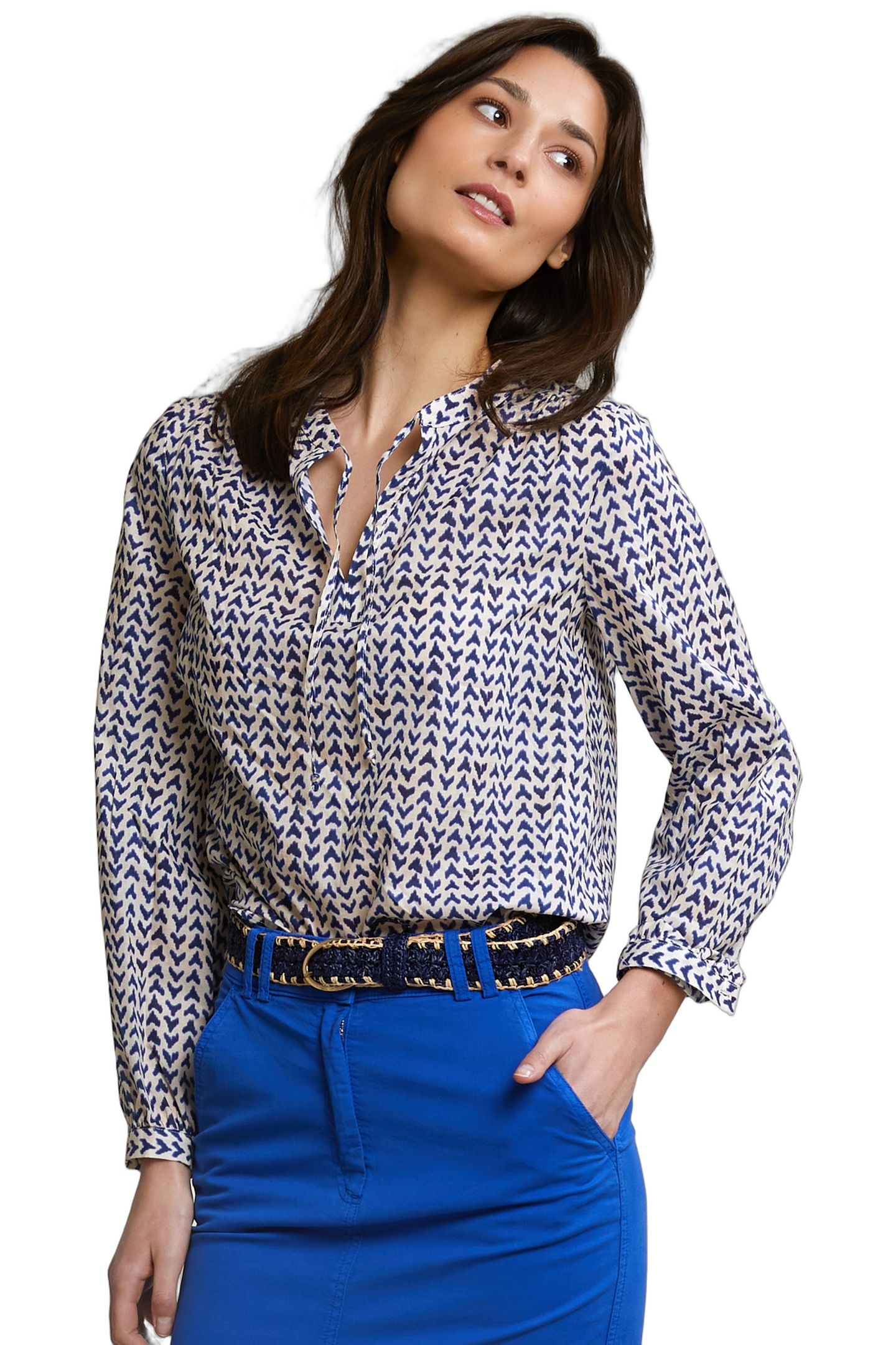 BLUE/BEIGE FANTASY V-NECK BLOUSE 1