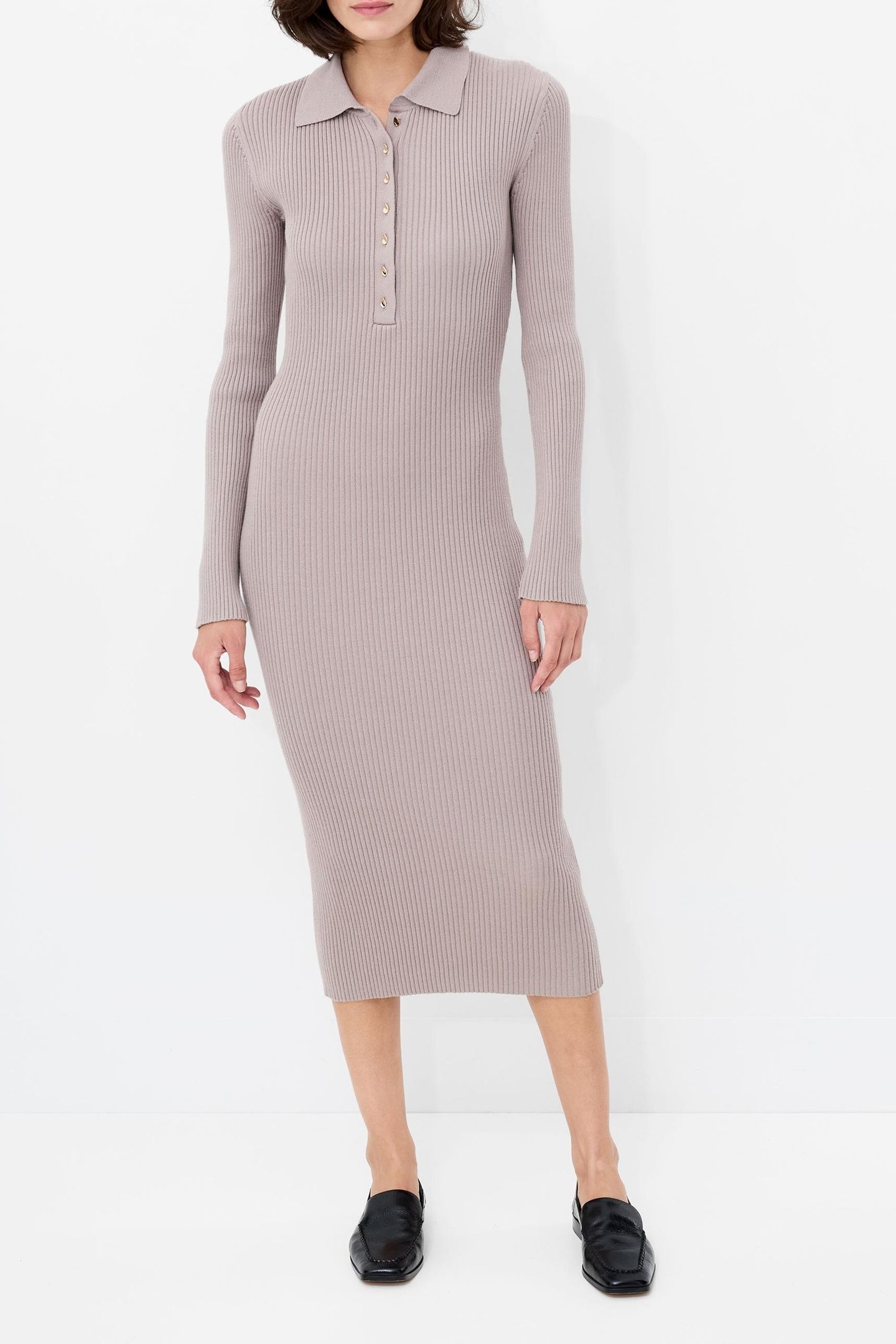 MARI L/S COLLARED MIDI DRESS TAUPE NEUTRAL 1