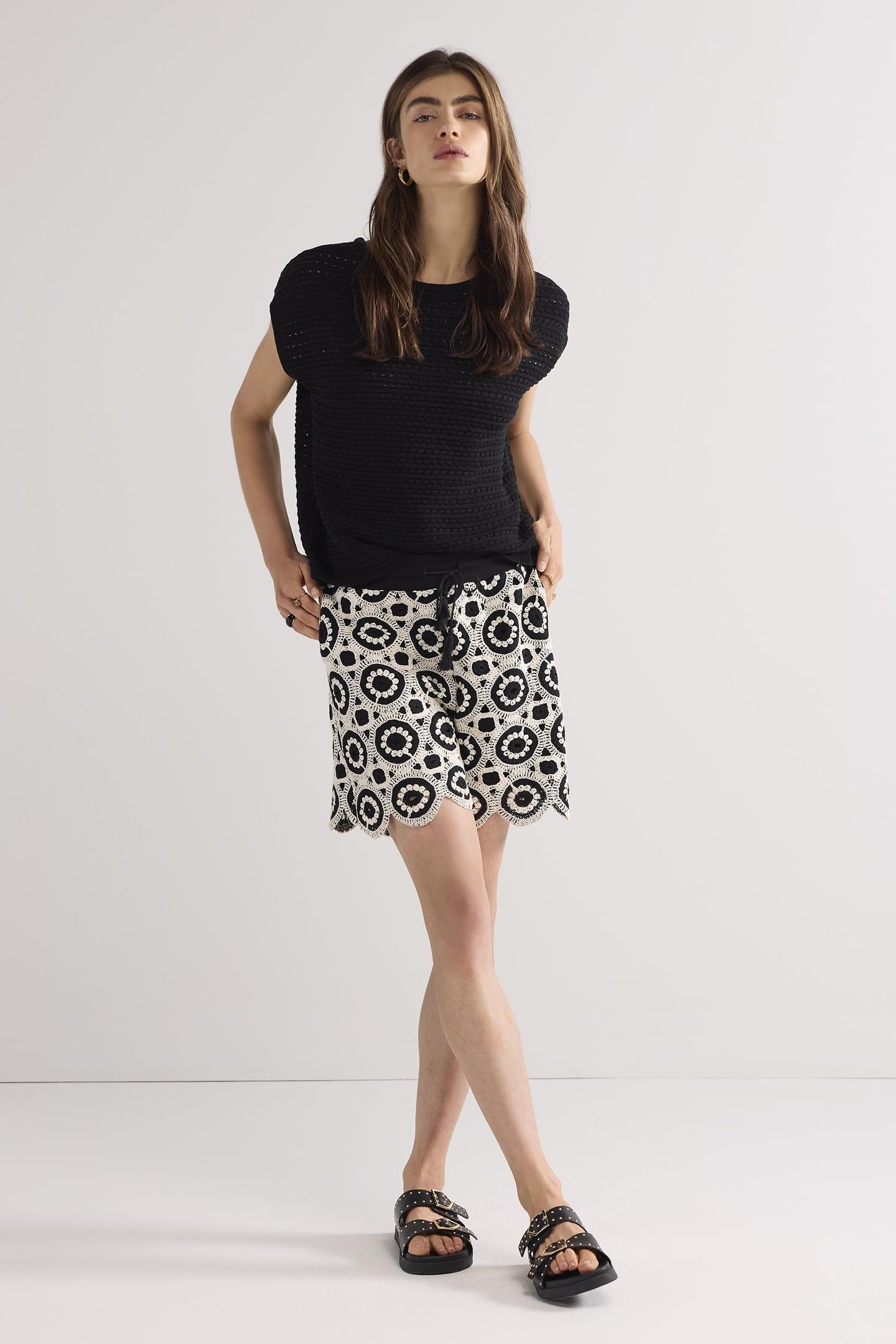 WIDE LEG SHORTS CROCHET JERSEY BLACK-IVORY 1