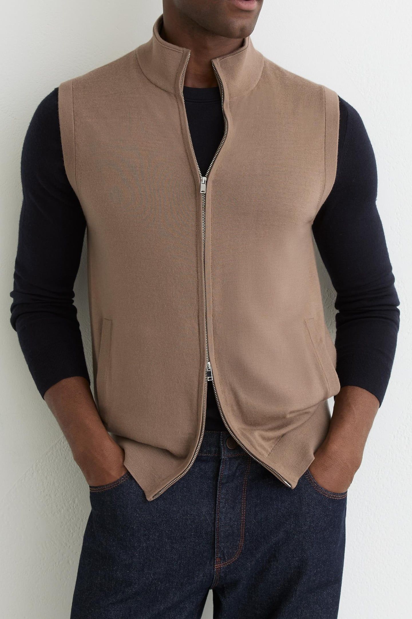 SLEEVELESS ZIP THROUGH FUNNEL NECK MERINO GILET CAMEL BROWN 1