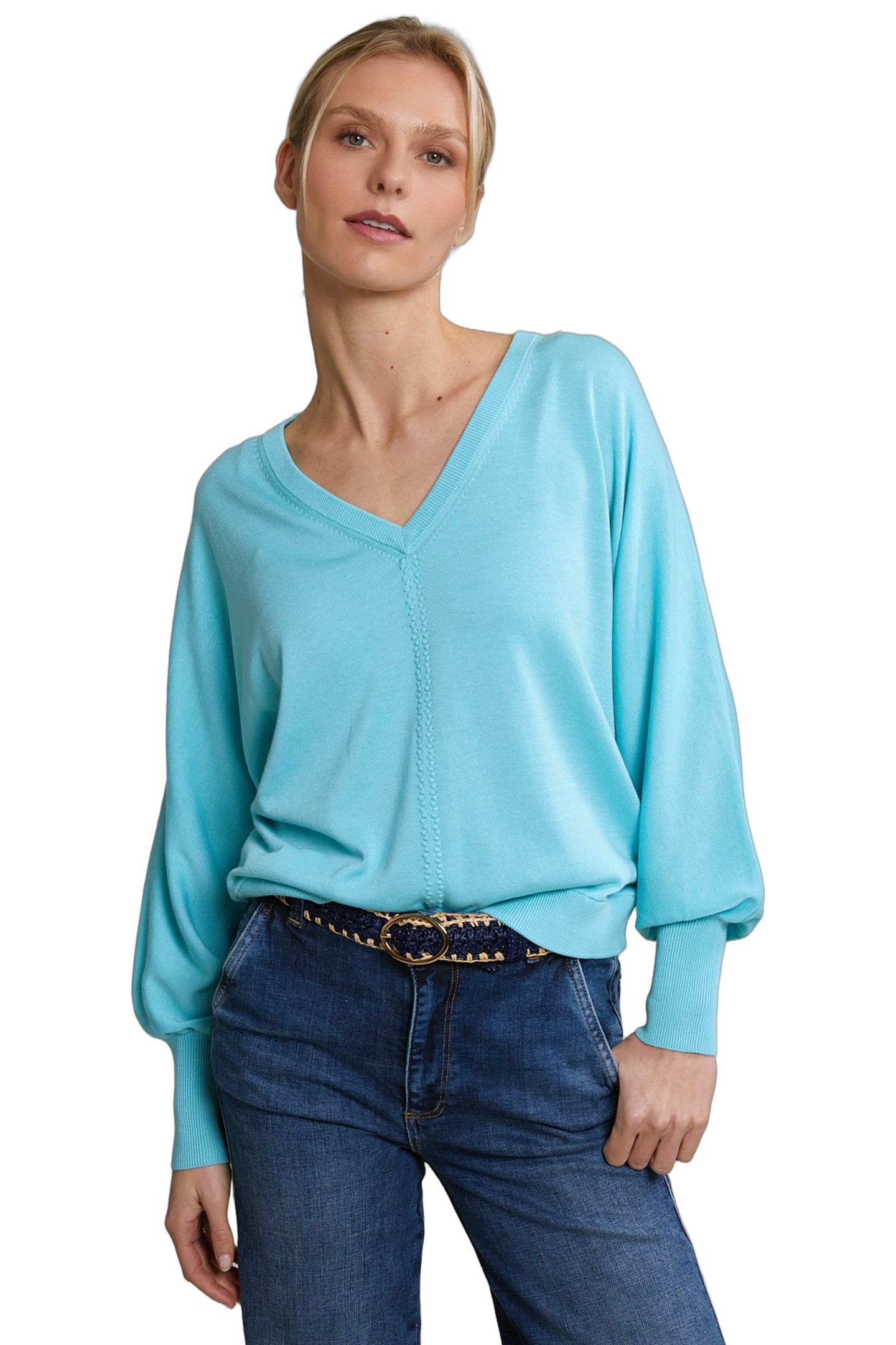 TURQUOISE V-NECK SWEATER LONG SLEEVES 1
