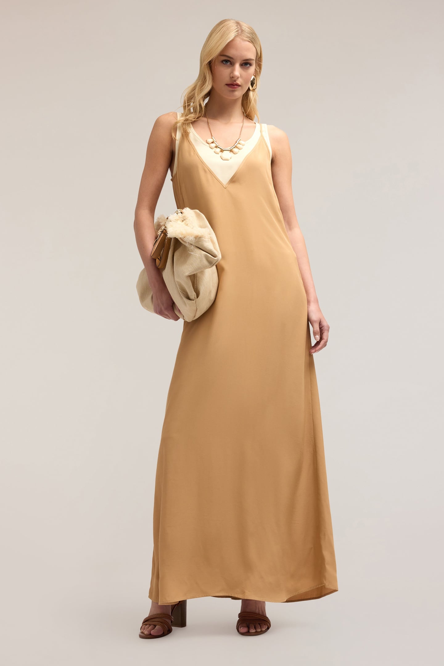 LONG DOUBLE VISCOSE DRESS BEIGE 1