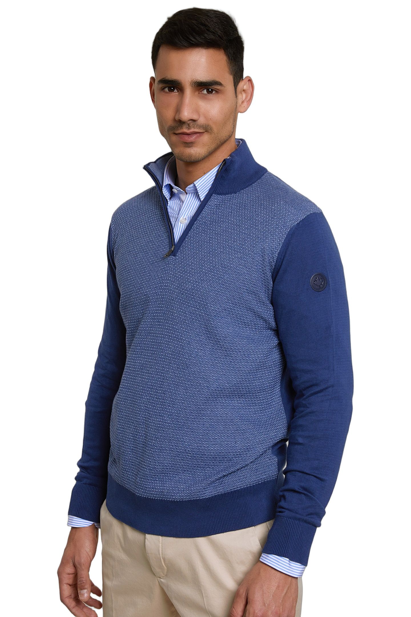 CUSTOM FIT COTTON MOCK NECK SWEATER DK HAMPTONS BLUE 1