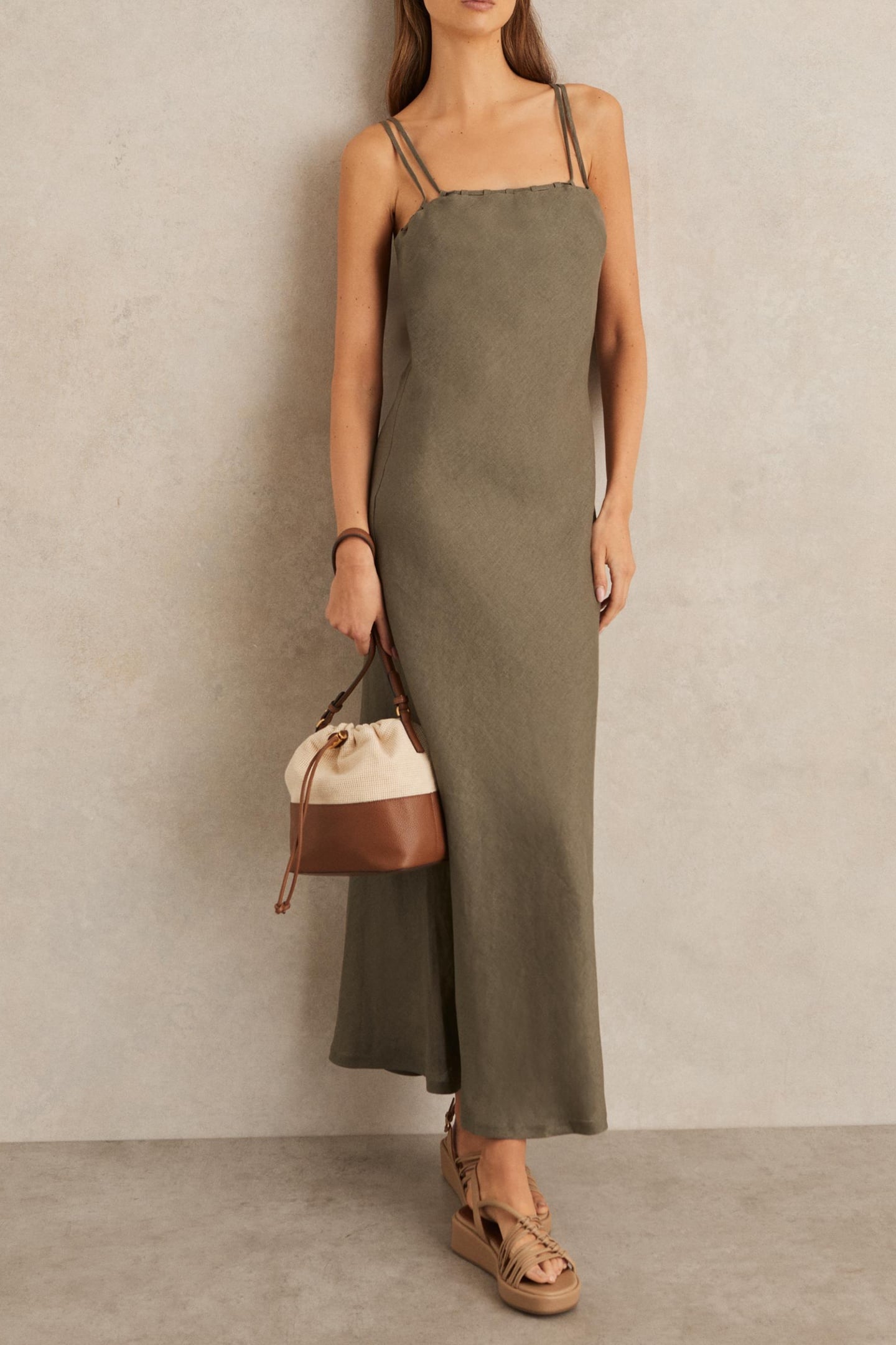 LINEN SLIP DRESS KHAKI 1