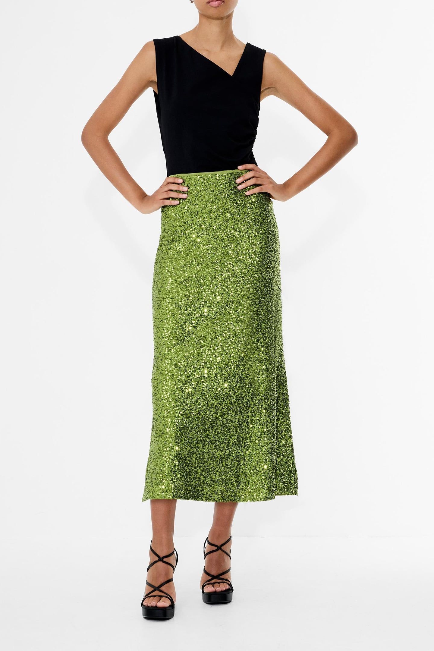 ELENA SEQUIN MIDI SKIRT WINTER OLIVE GREEN 1