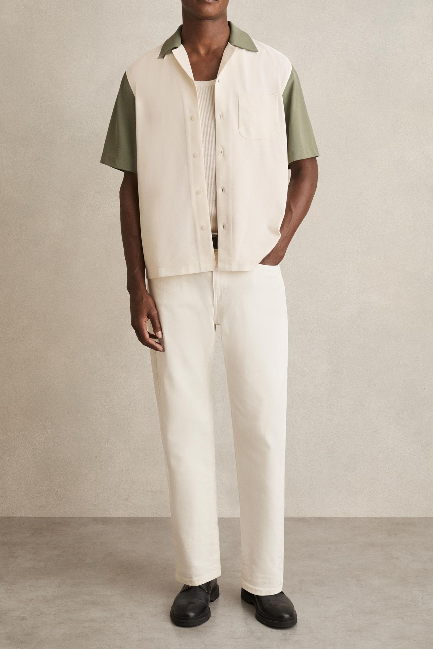 SS TEXTURED COLOUR BLOCK CUBAN SHIRT OFF WHITE/SAGE 2
