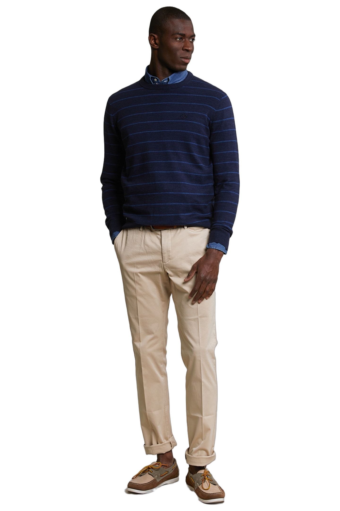 CUSTOM FIT STRIPED COTTON CREW NECK SWEATER NAVY MIX 1