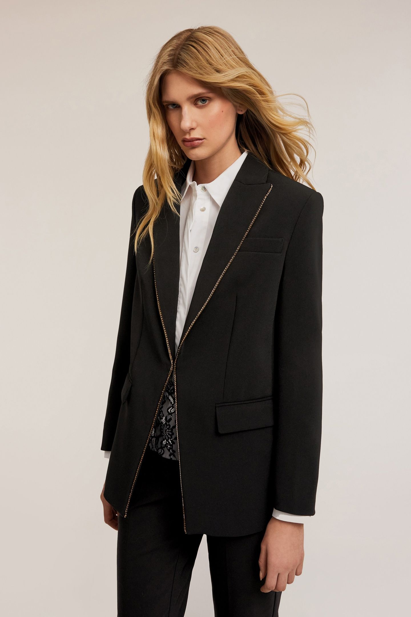 CREPE FABRIC JACKET WITH METAL CHAIN DETAIL BLACK 1