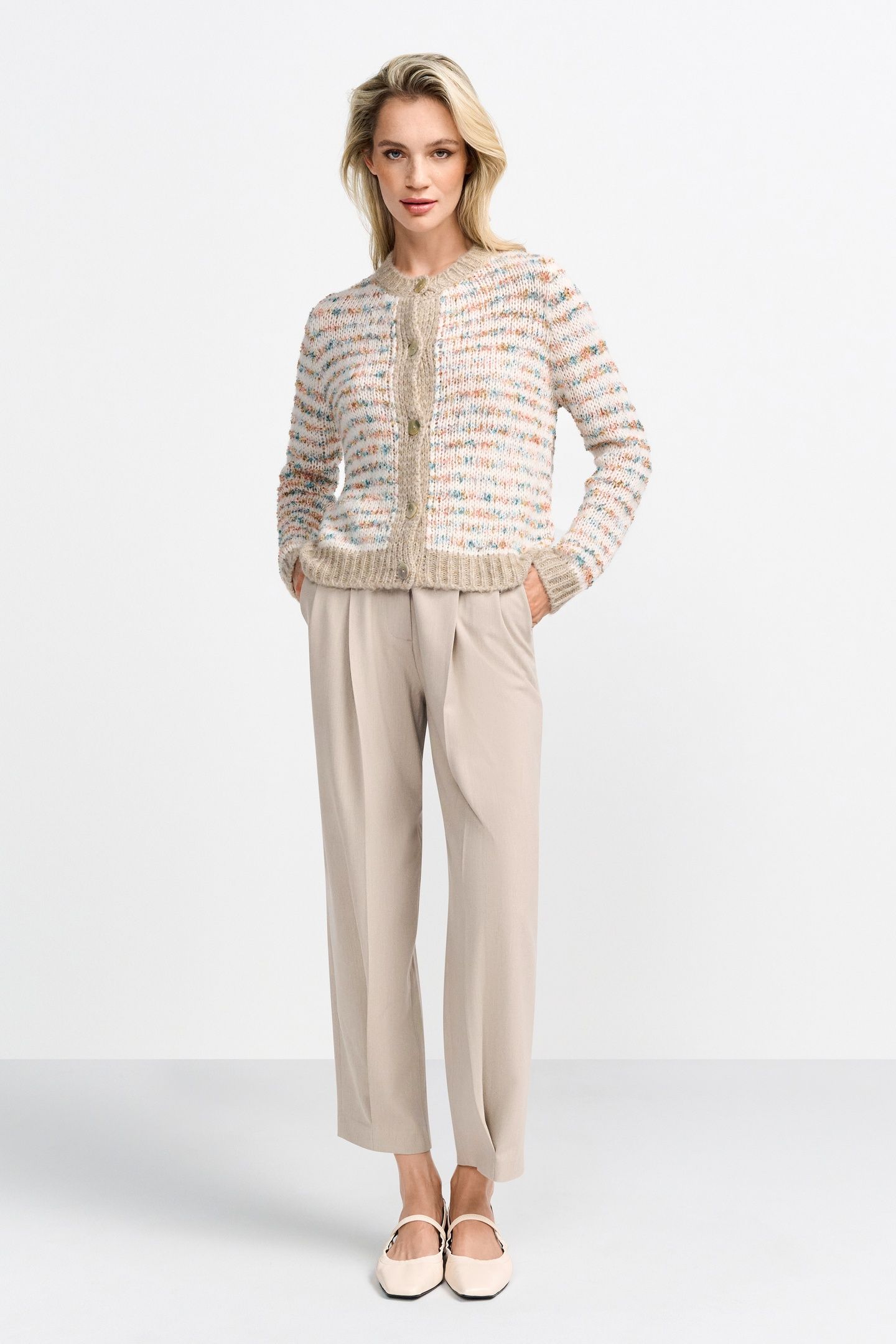 CREW-NECK CARDIGAN STRIPE CAFFEE LATTE 1