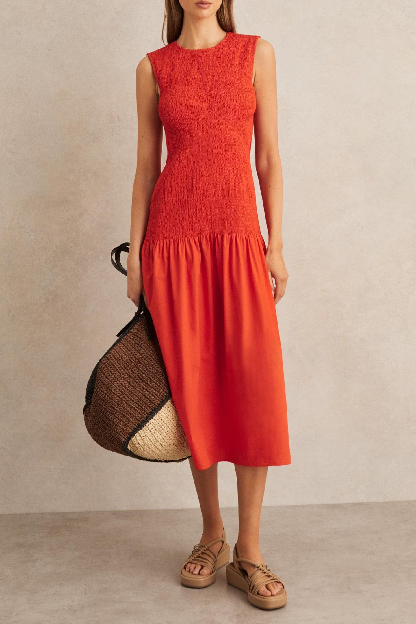 SHIRRED DETAIL MIDI DRESS RED 1