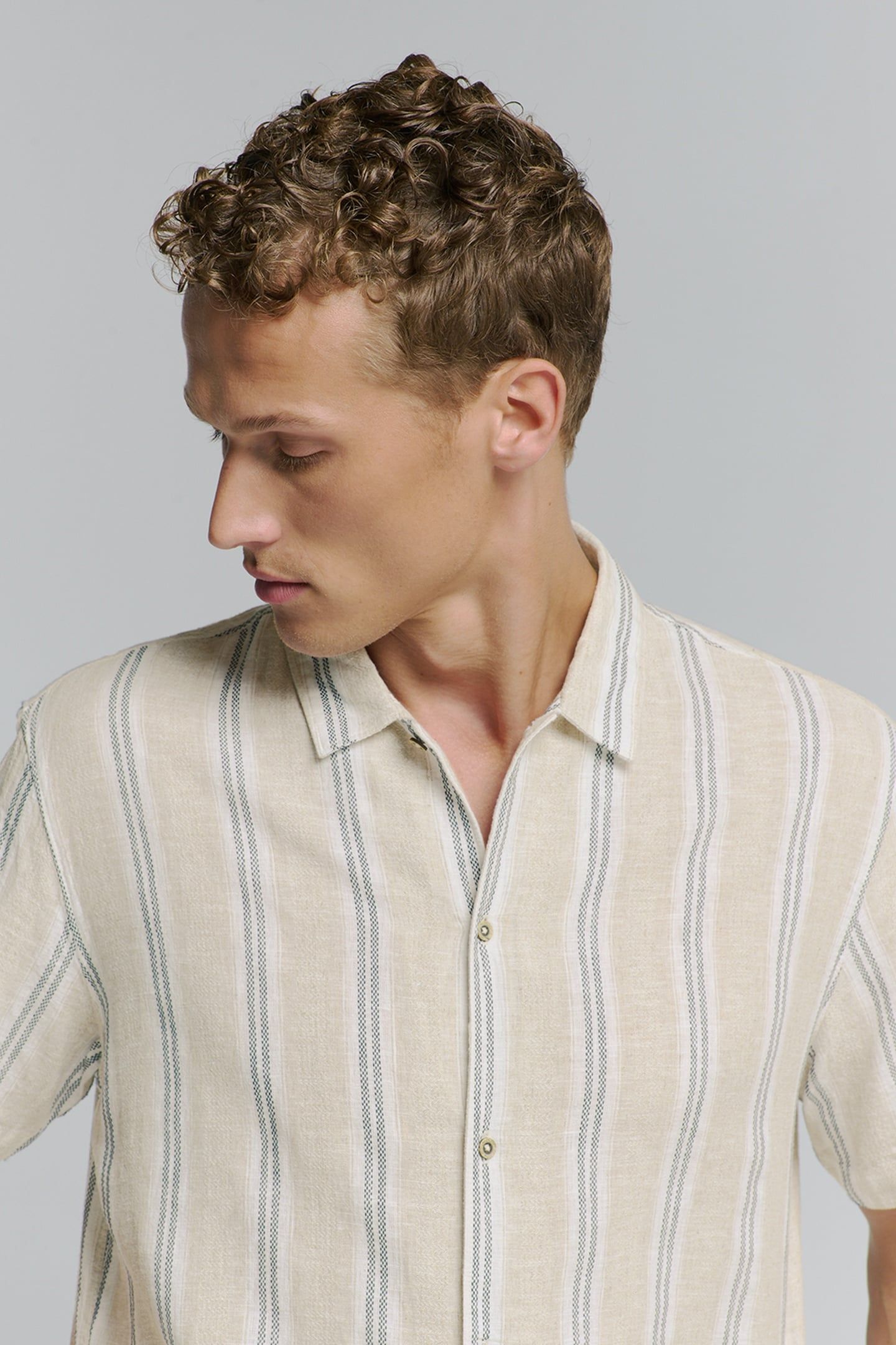 SHIRT SHORT SLEEVE DOBBY VERTICAL STRIPE WITH LINEN CEMENT 3