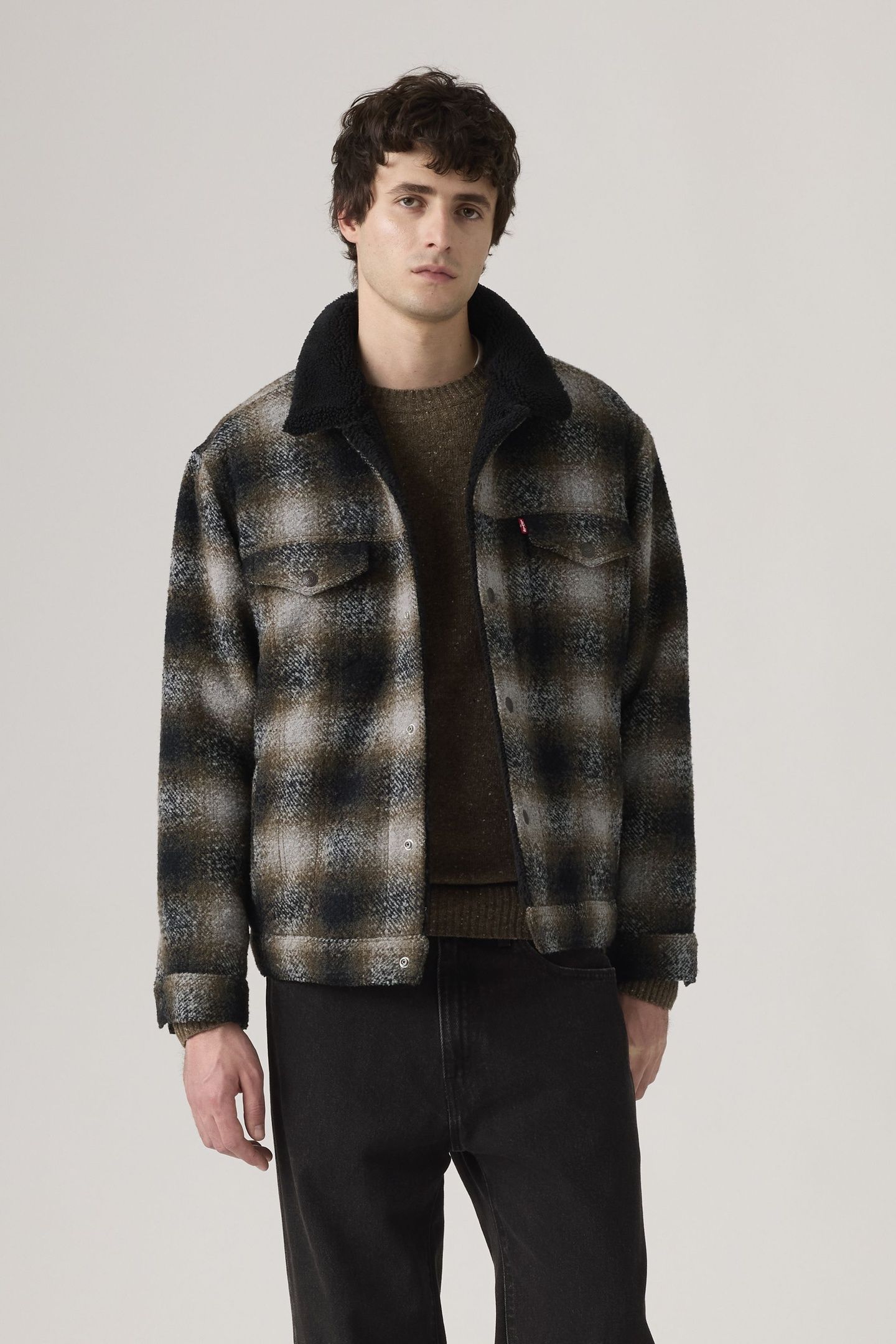 RELAXED FIT PLAID SHERPA TRUCKER JACKET 2