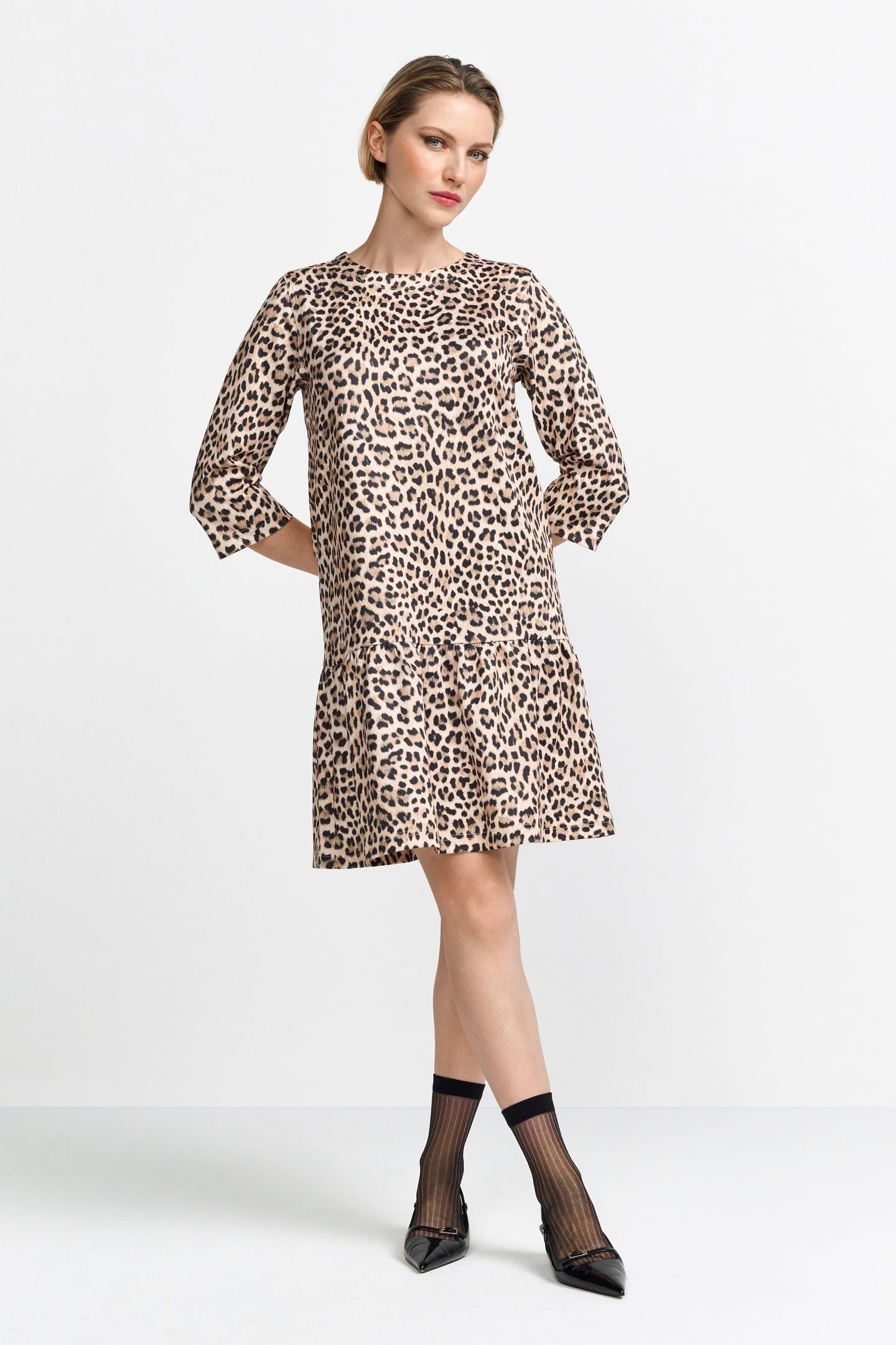 PRINTED SCUBA MINI DRESS RECYCLED CAFFEE LATTE 1