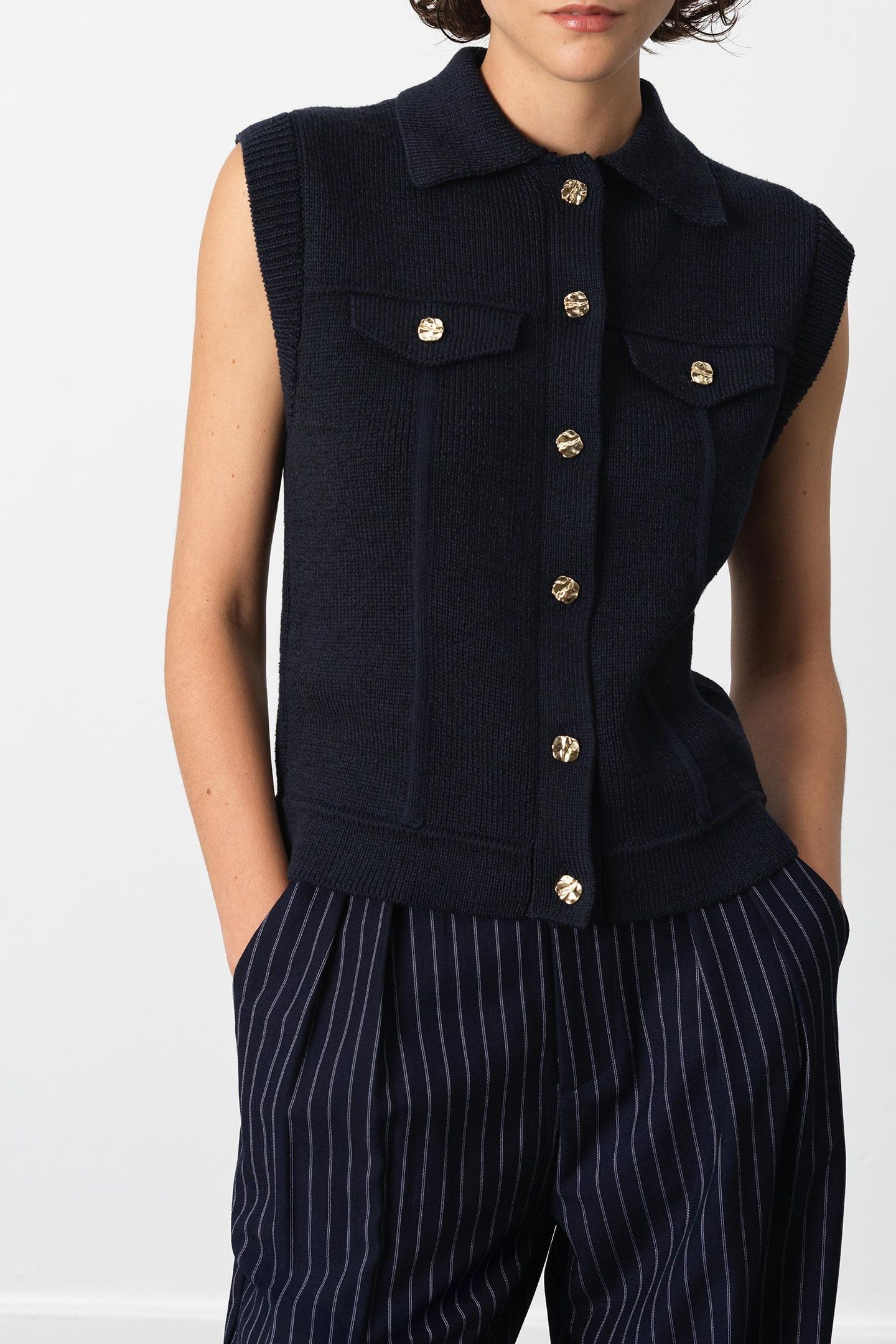 ROLAND KNIT COLLARED GILET INDIGO 2