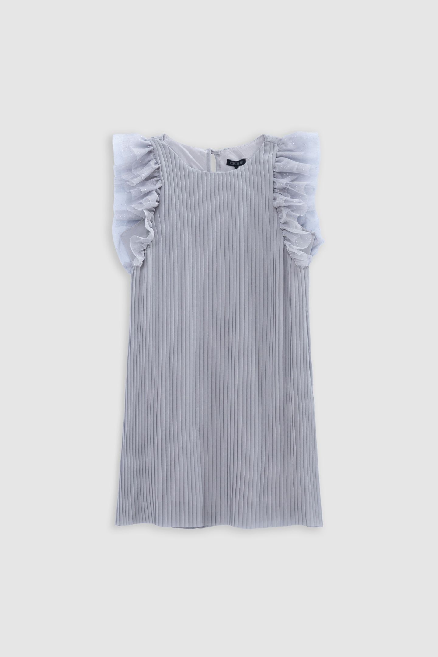 SILVER PLEATED DRESS WITH SWISS TULLE SLEEVES 1