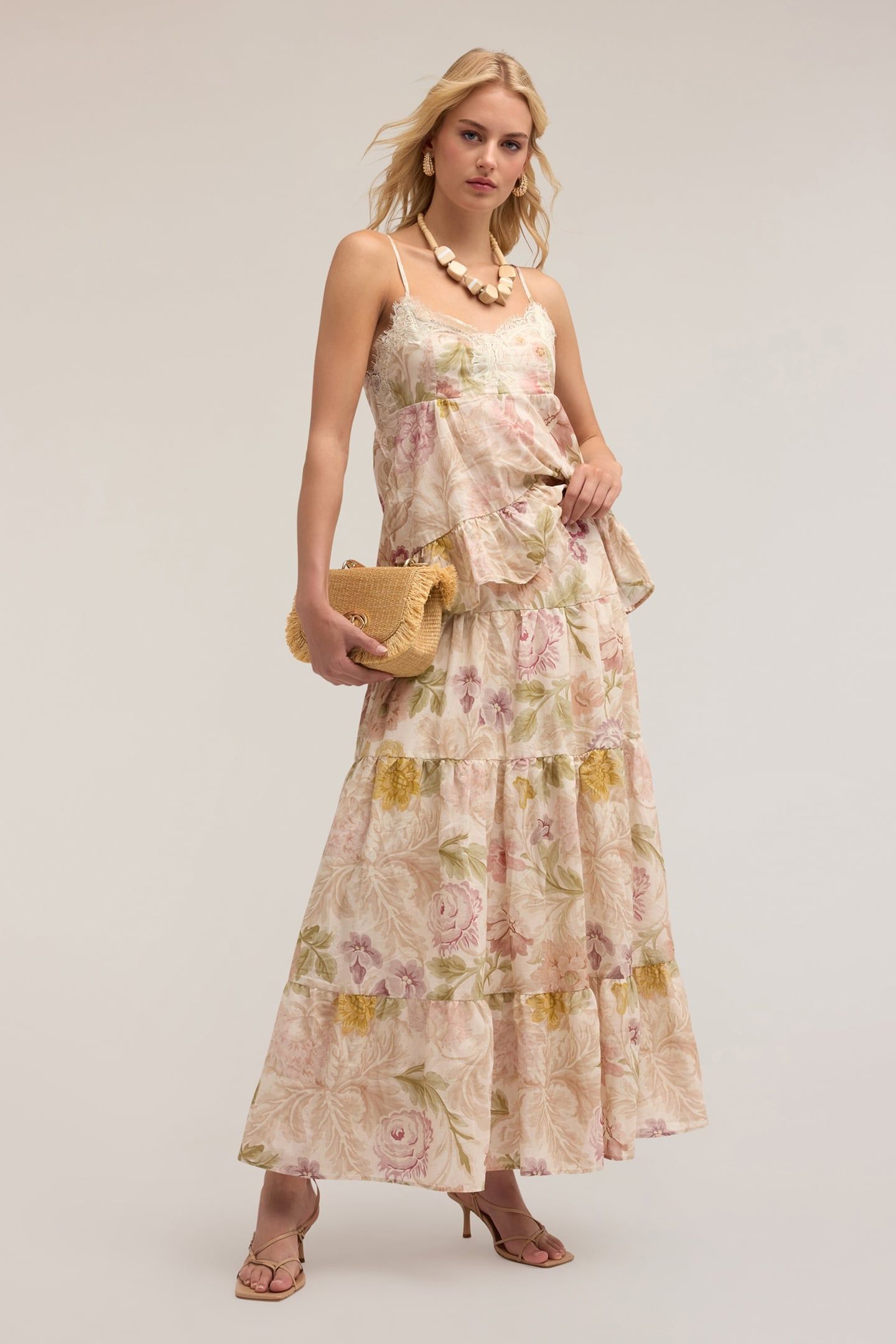 LONG FLOUNCED SKIRT WITH FLORAL PATTERN POWDER PINK 1