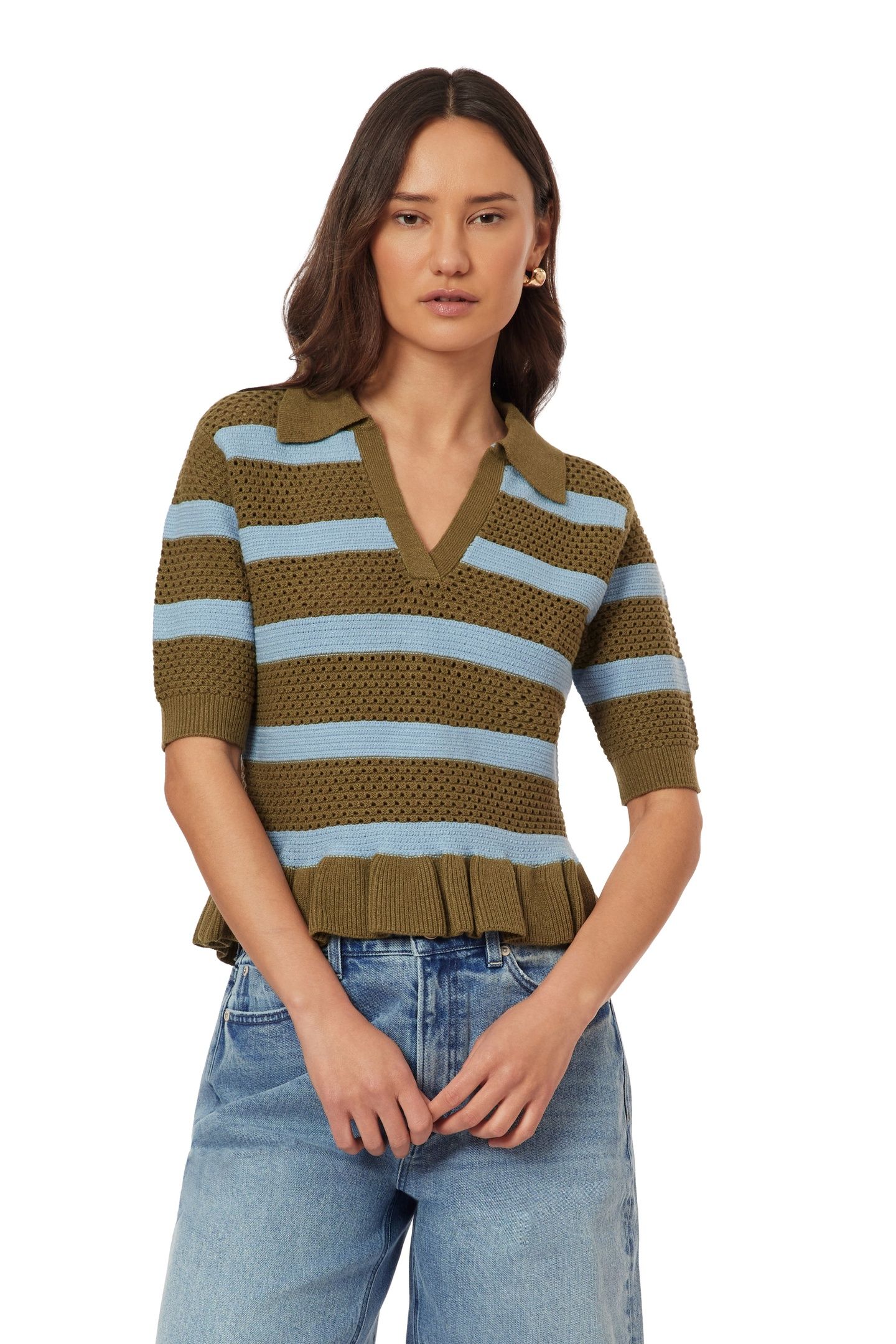 POINTELLE PEPLUM TEE GREEN MOSS/CERULEAN 7