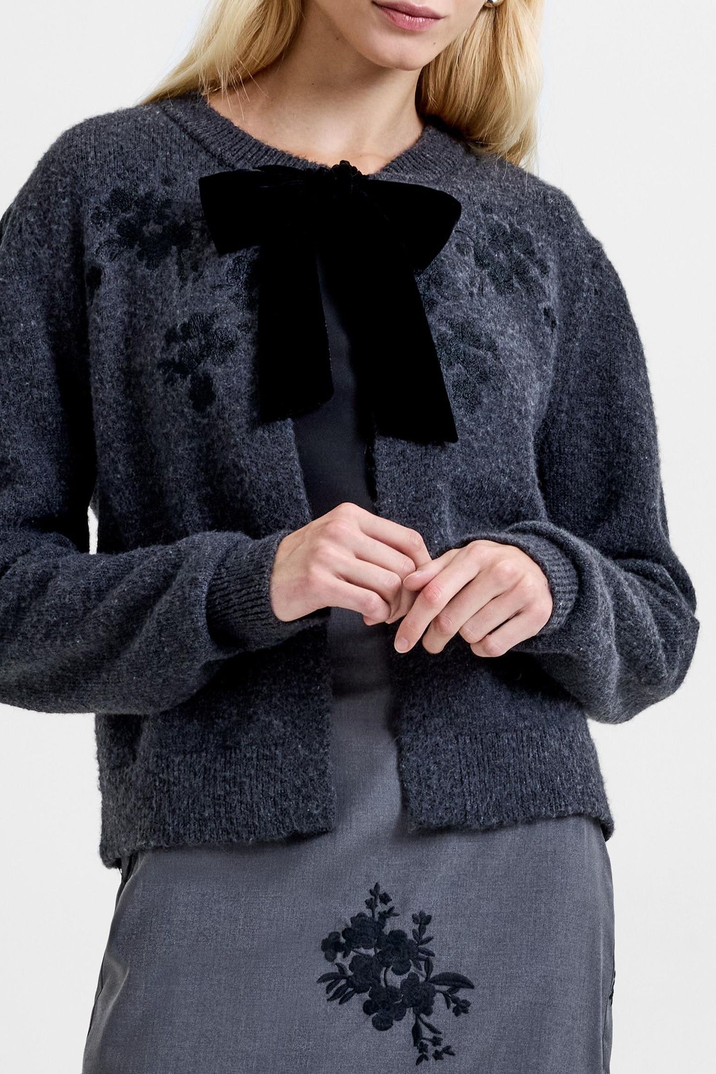 IRMA FRONT BOW CARDIGAN CHARCOAL GREY BLACK 2