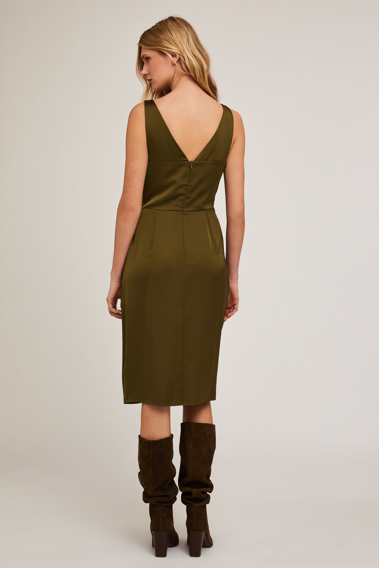 SHORT SATIN DRESS WITH CROSSOVER NECKLINE MILITARY GREEN 2