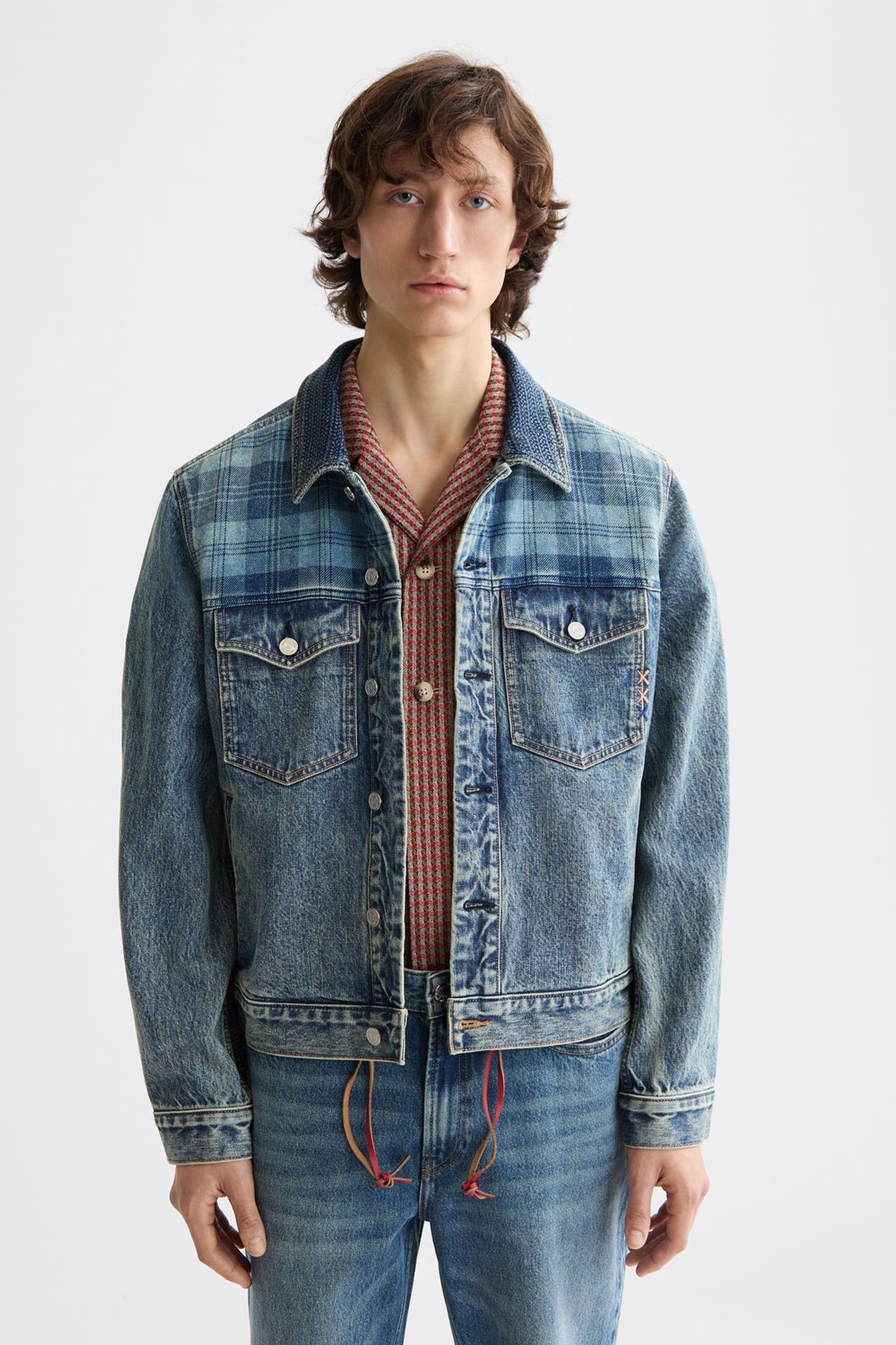 DENIM TRUCKER JACKET WITH CONTRAST CHECK PANELLING GREAT OUT 3