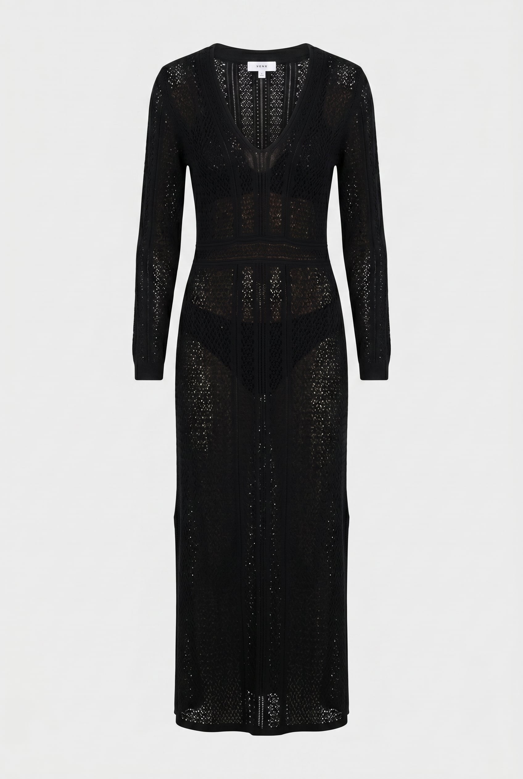 V-NECK KNITTED CROCHET DRESS BLACK 3