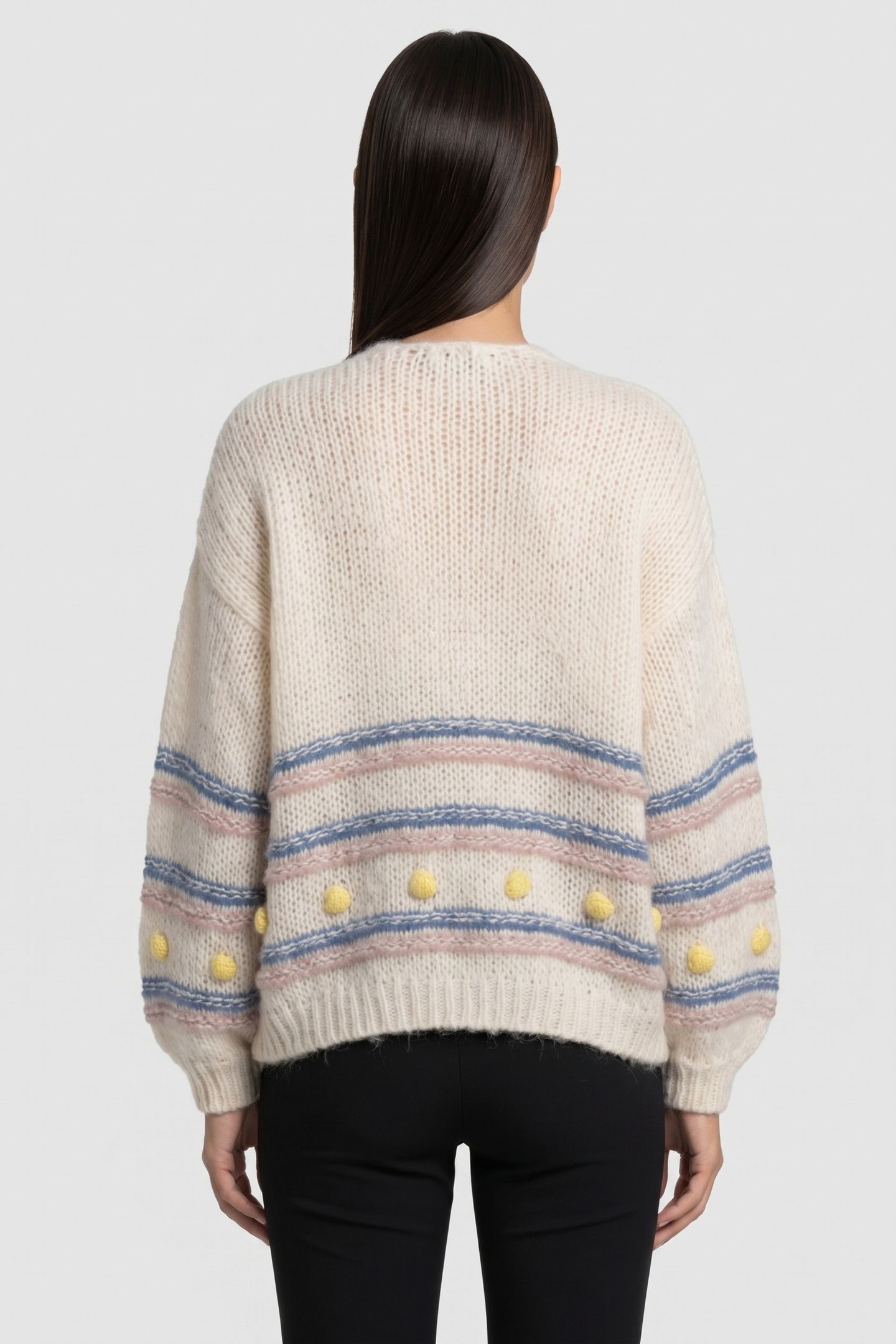 MULTICOLOURED STRIPE CARDIGAN WITH POMPOMS PEARL WHITE 3