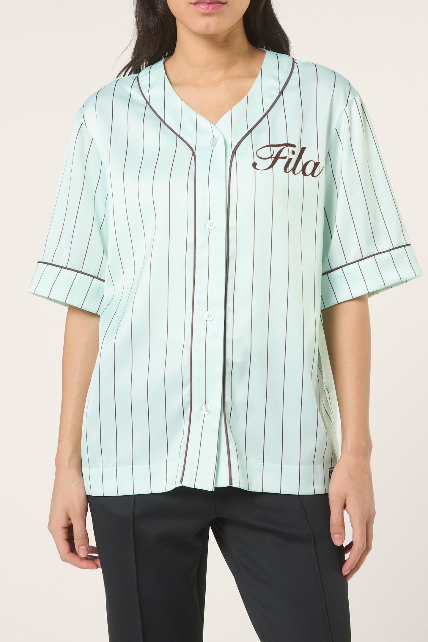 FIESOLE BOXY PINSTRIPED SATIN BASEBALL SHIRT SOOTHING SEA / 1