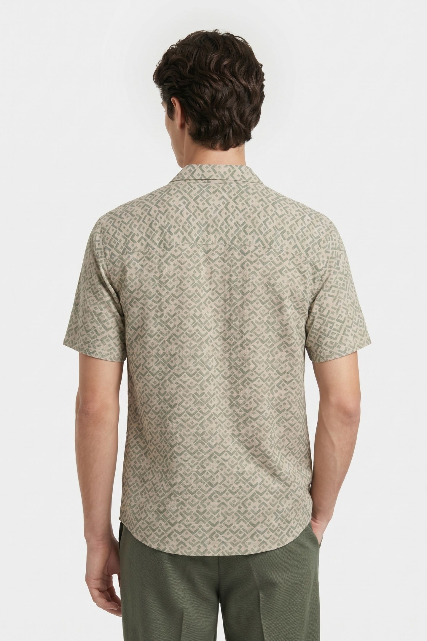 SHIRT SHORT SLEEVE REVERS COLLAR SLUB ALLOVER PRINTED GREEN 3