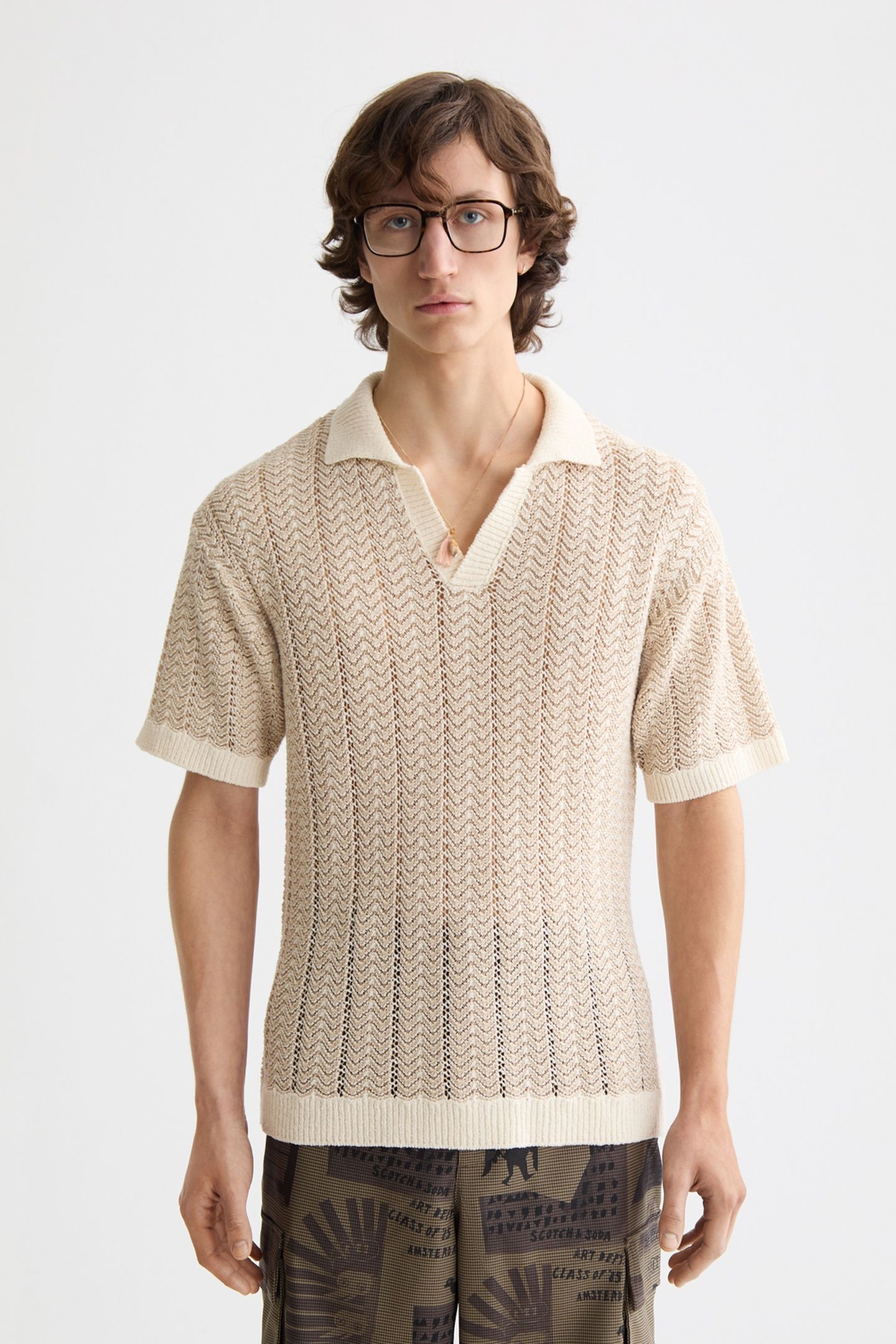 OPEN STRUCTURED KNITTED V-NECK POLO EGGNOG 1