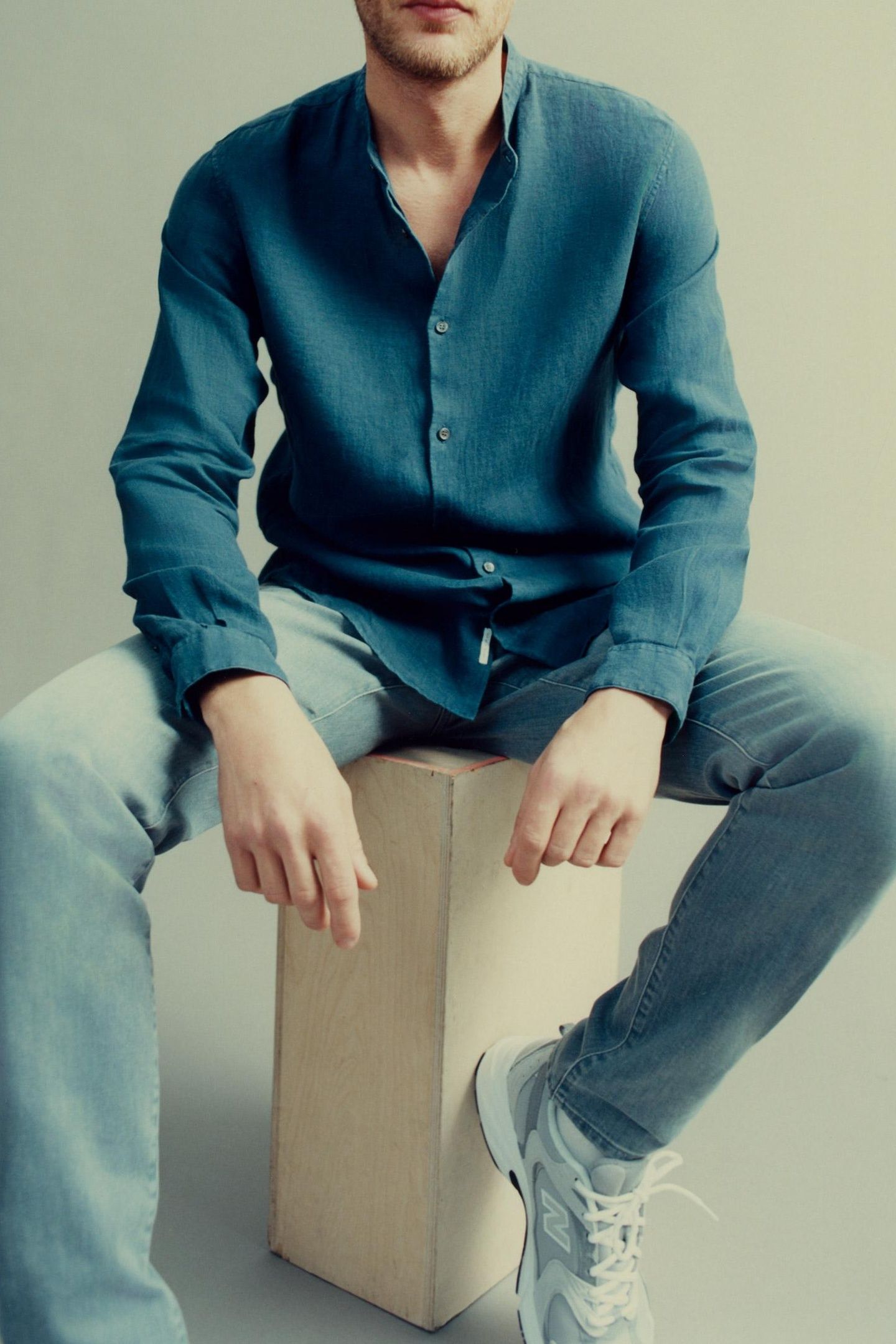 SLATE PURE LINEN REGULAR SHIRT WITH MANDARIN COLLAR 8