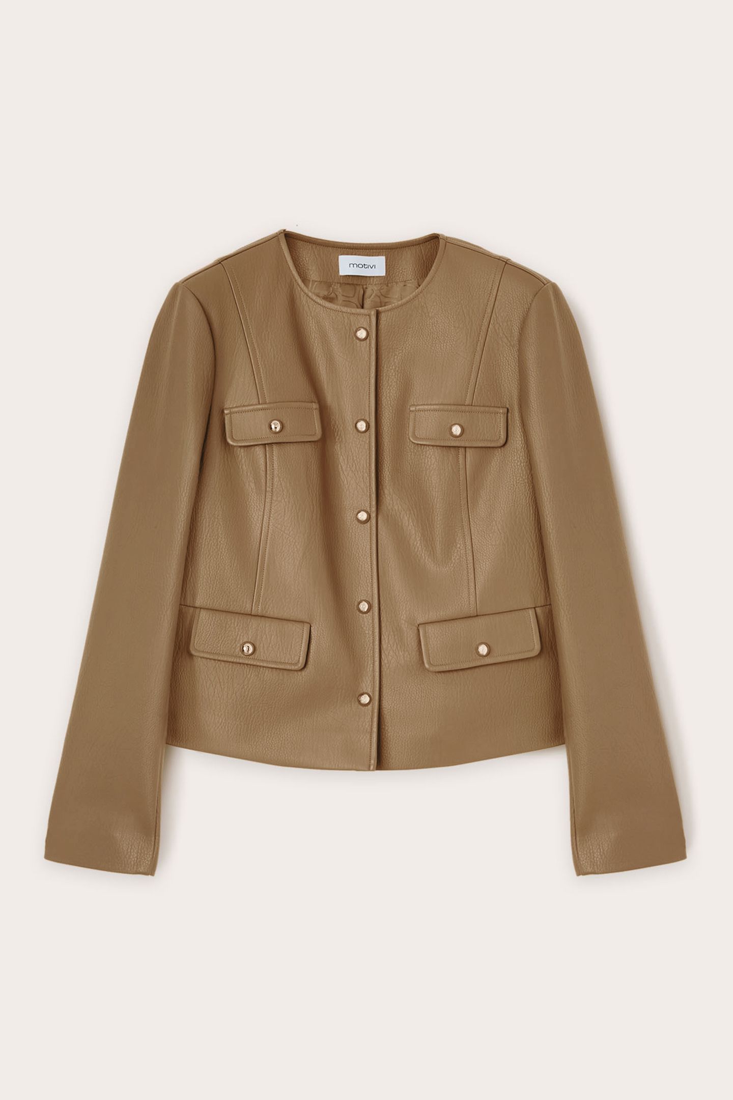 COLLAR-LESS JACKET IN COATED FABRIC BEIGE 3