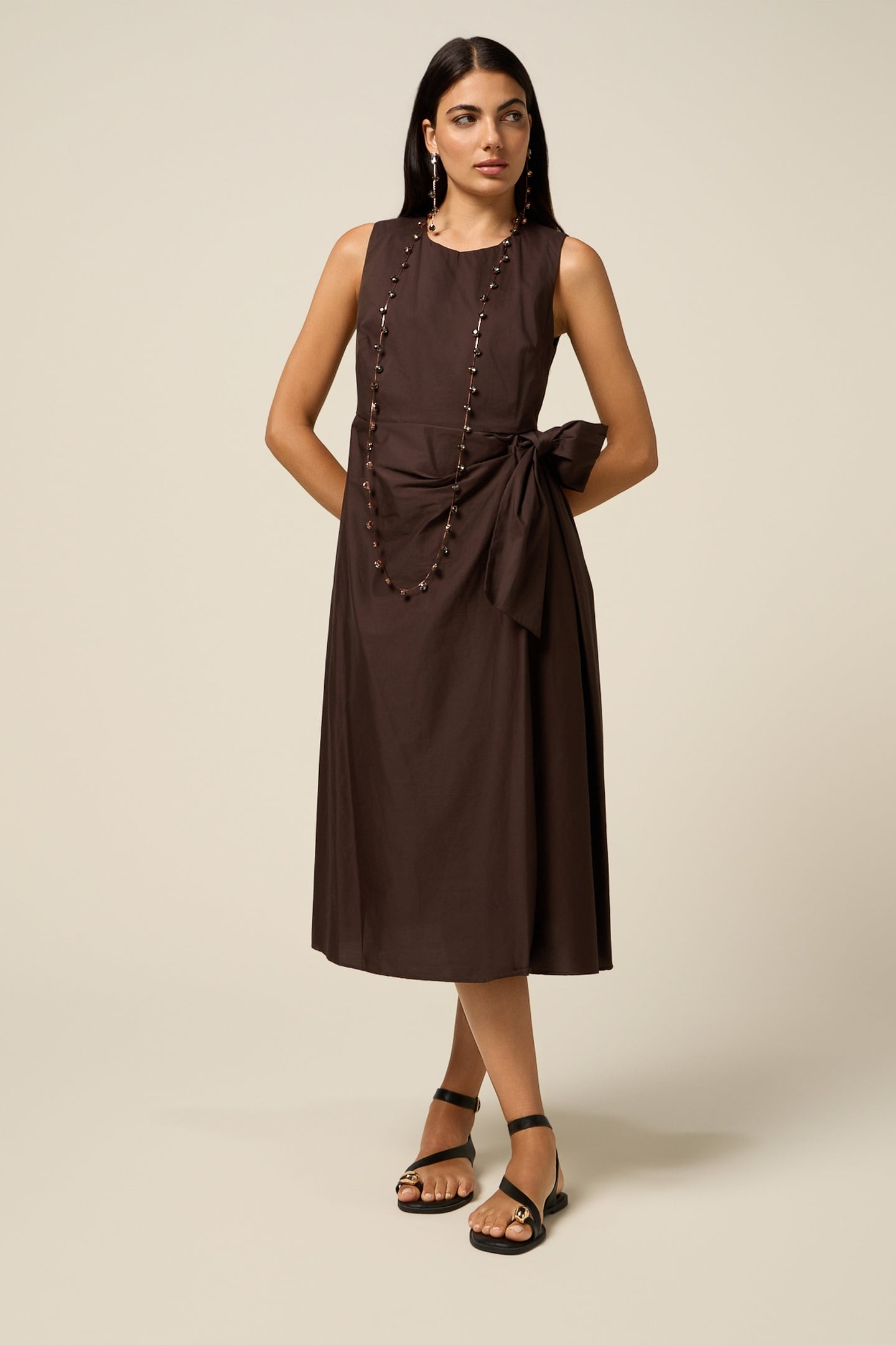MIDI DRESS WITH SIDE BOW BROWN 1