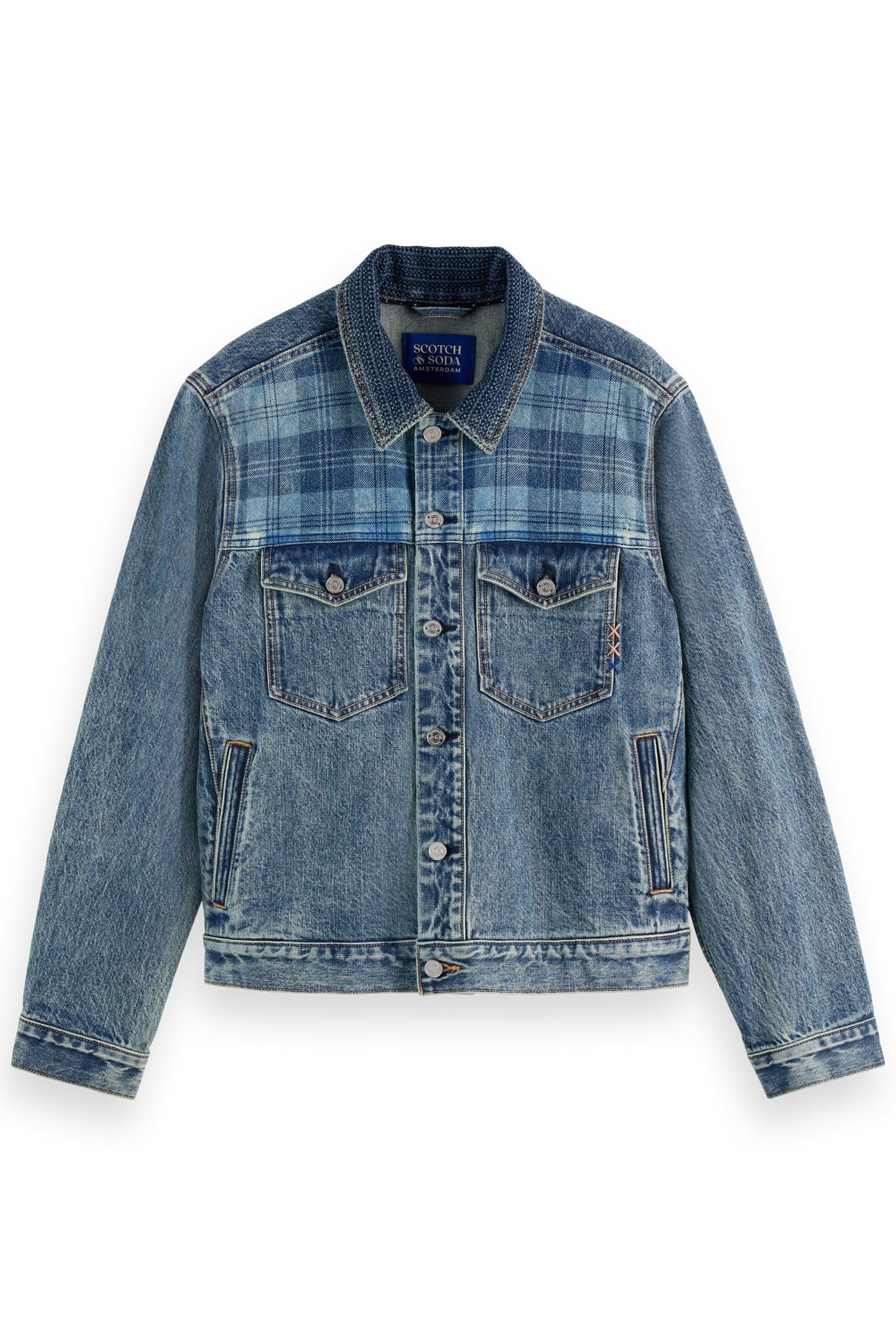 DENIM TRUCKER JACKET WITH CONTRAST CHECK PANELLING GREAT OUT 5