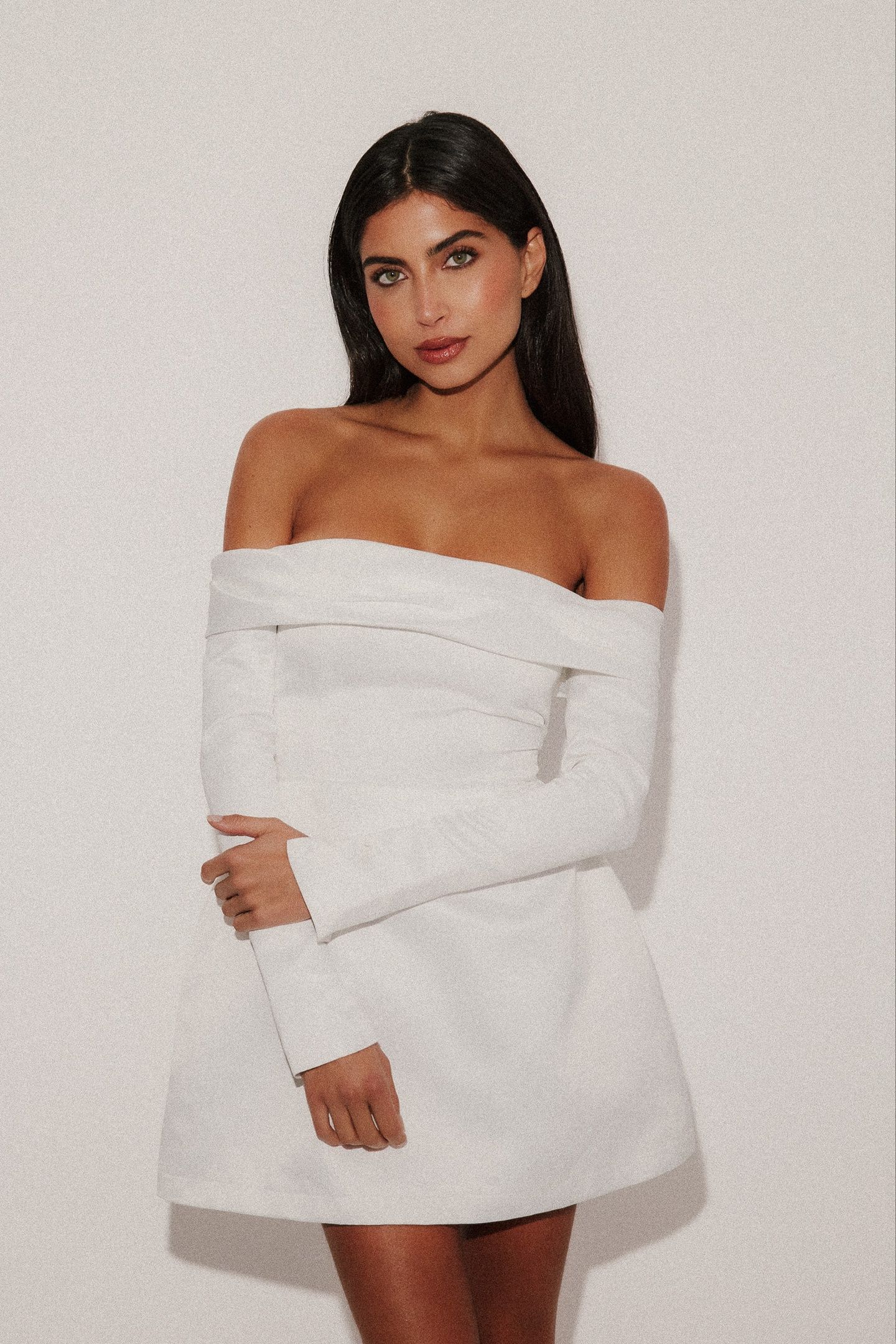 SATIN BARDOT MINI DRESS WHITE 4