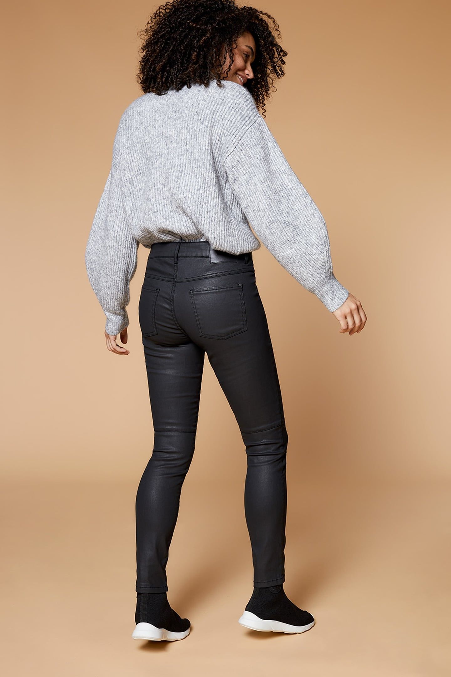 SLIM BLACK 7/8 LENGTH COATED BIKER STYLE JEANS 2