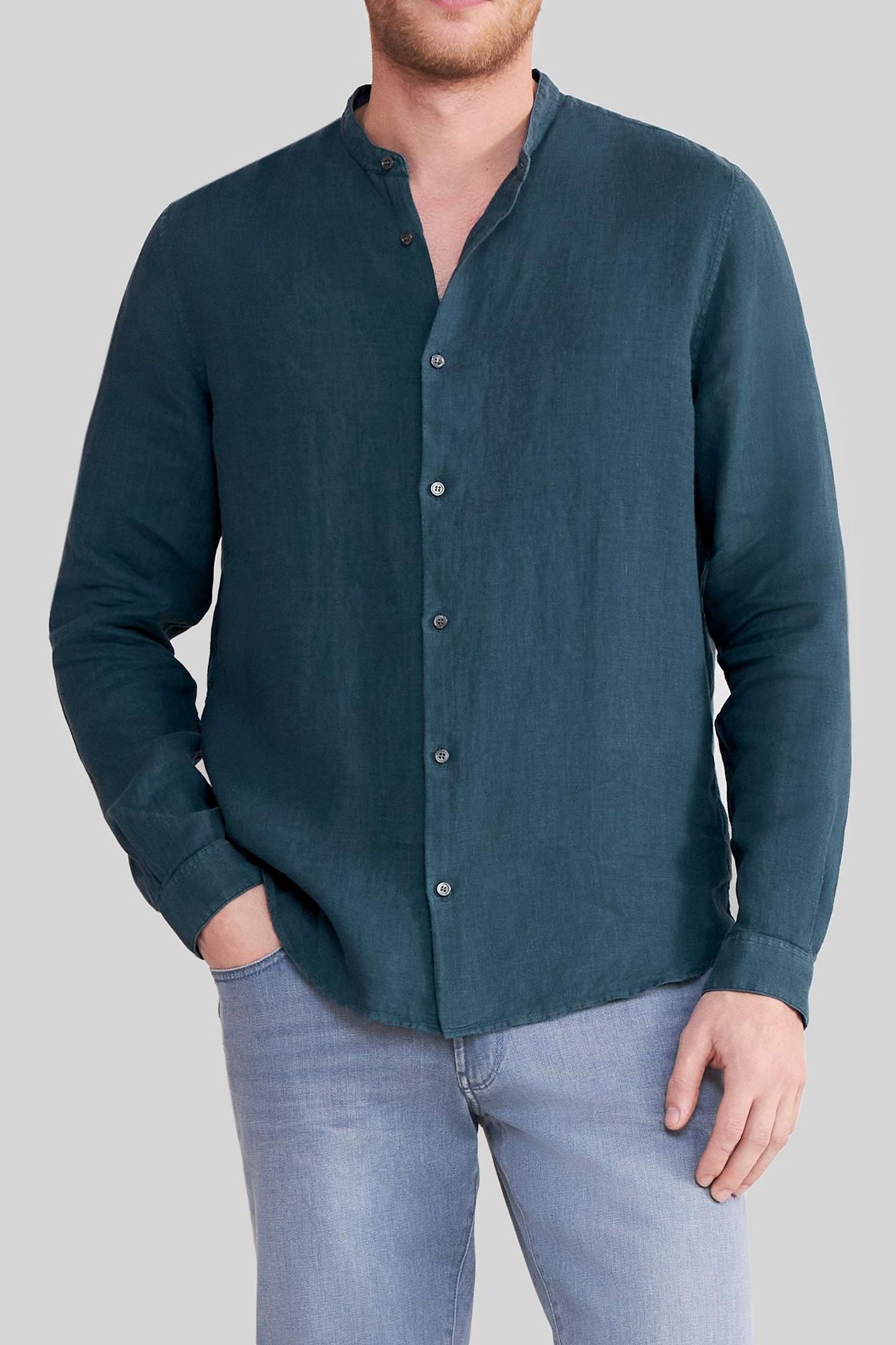SLATE PURE LINEN REGULAR SHIRT WITH MANDARIN COLLAR 2