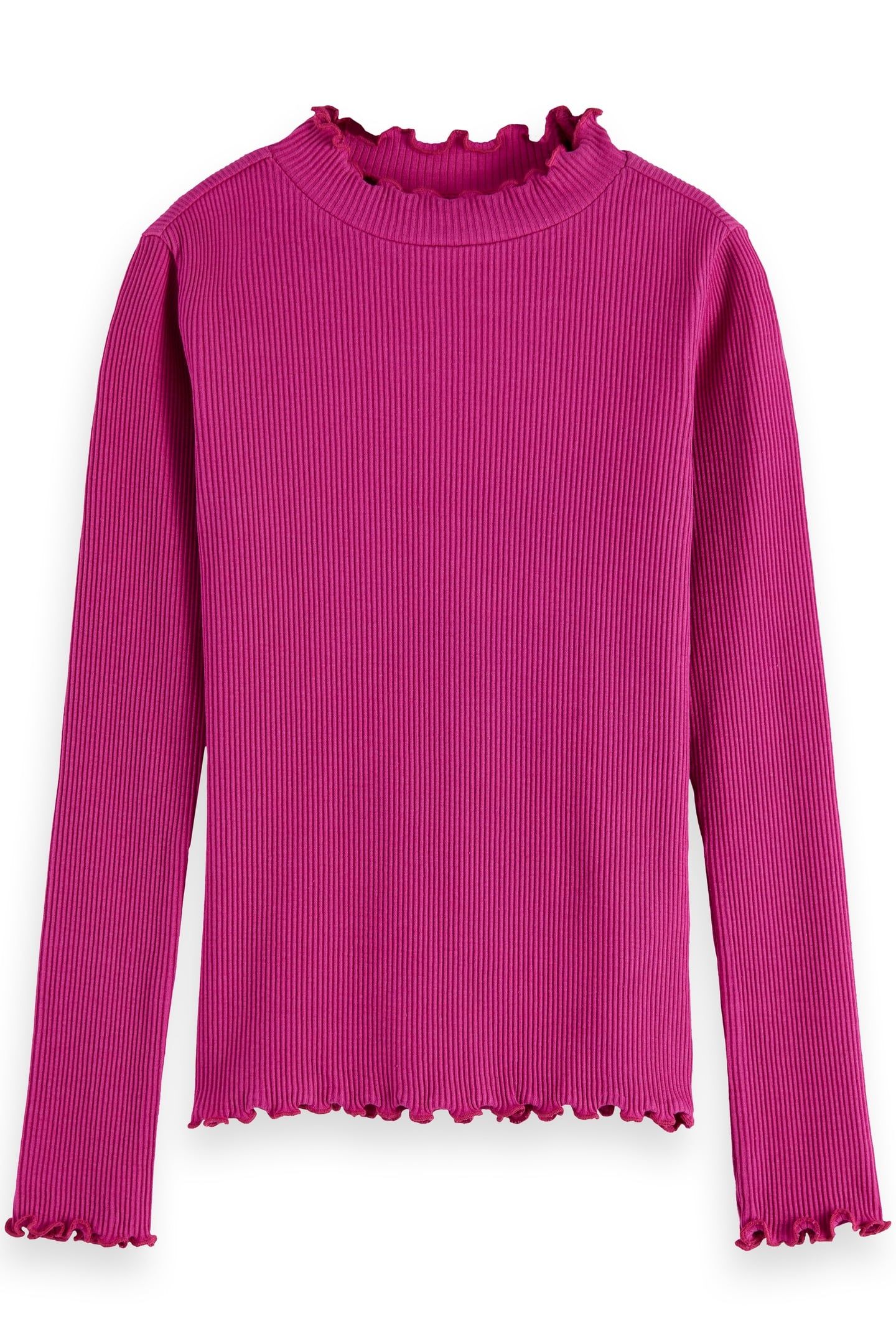 GIRL MOCK NECK RIBBED SLIM-FIT LONG-SLEEVE T-SHIRT FUCHSIA R 1