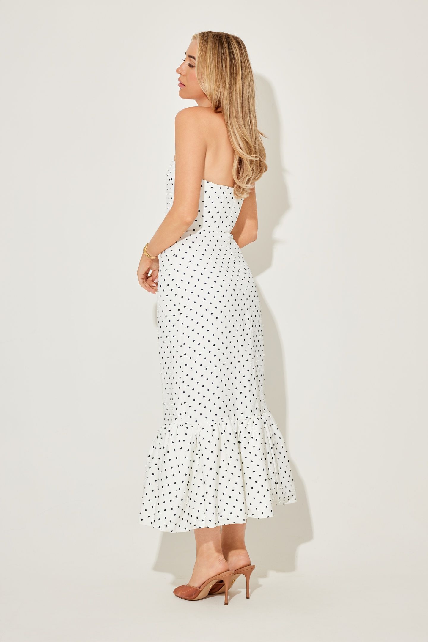 STRAPLESS PEPLUM MIDI DRESS WHITE & POLKA DOT 2