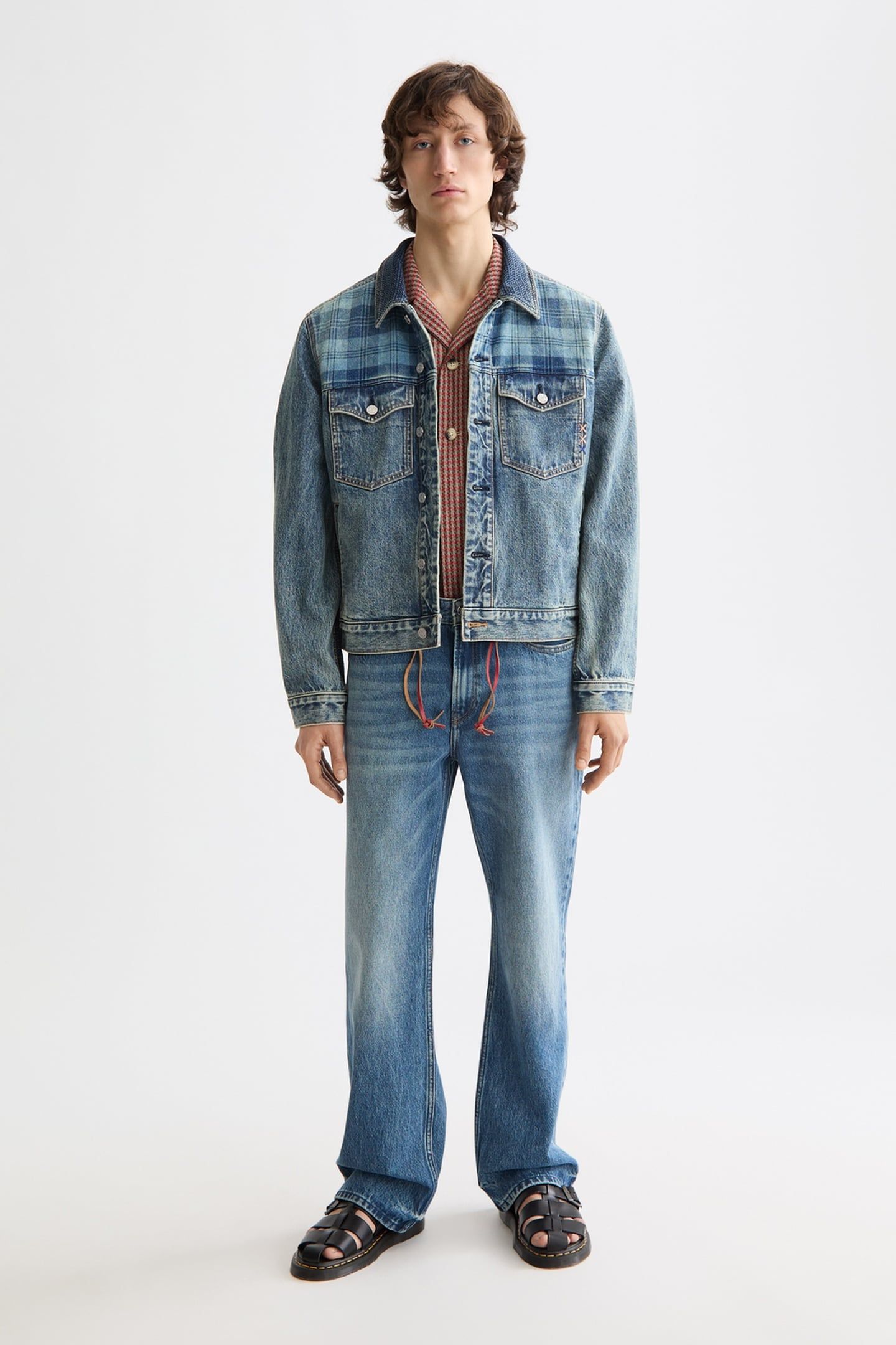 DENIM TRUCKER JACKET WITH CONTRAST CHECK PANELLING GREAT OUT 1