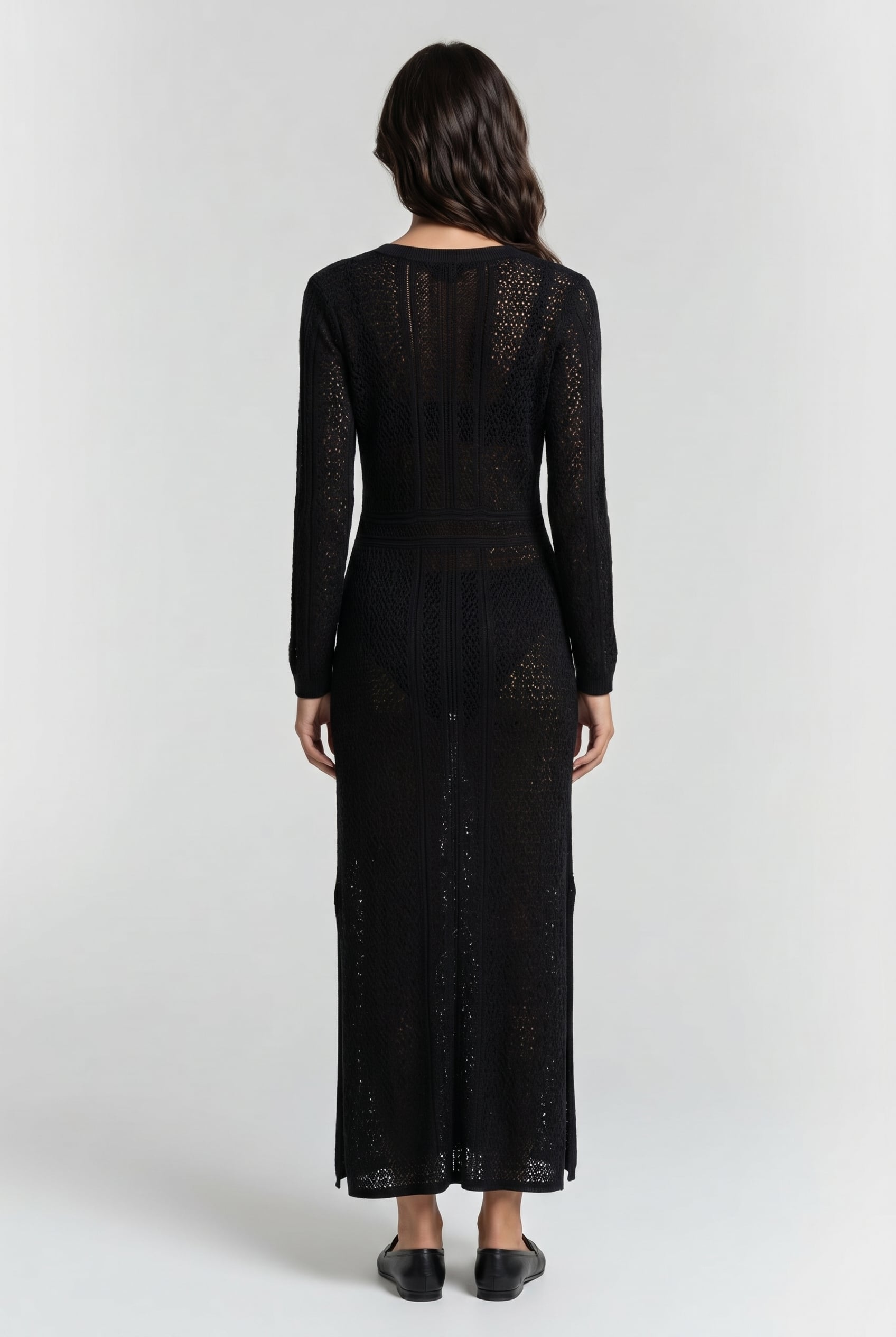 V-NECK KNITTED CROCHET DRESS BLACK 2