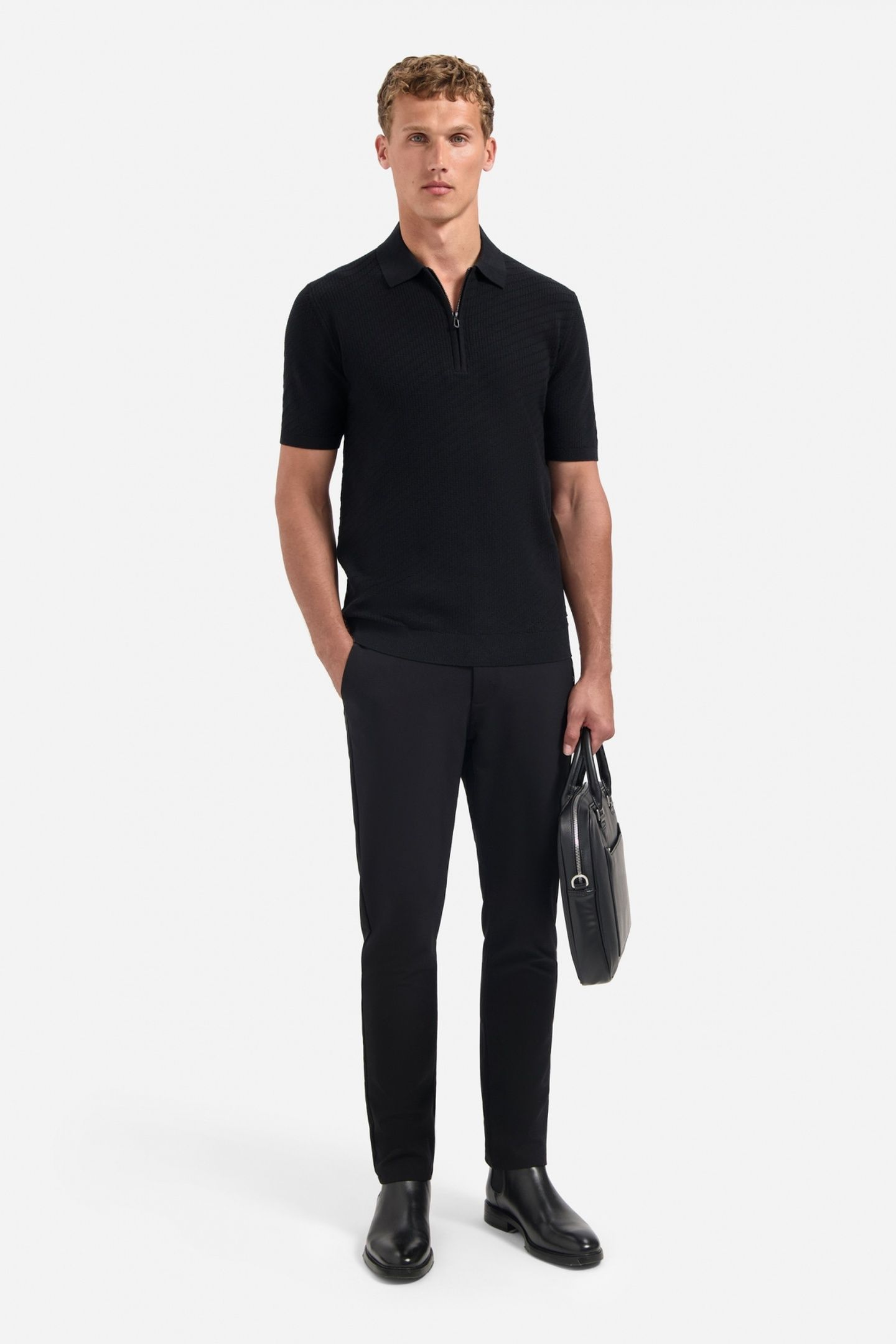 PULLOVER SHORT SLEEVE POLO ZIP SOLID JACQUARD BLACK 1