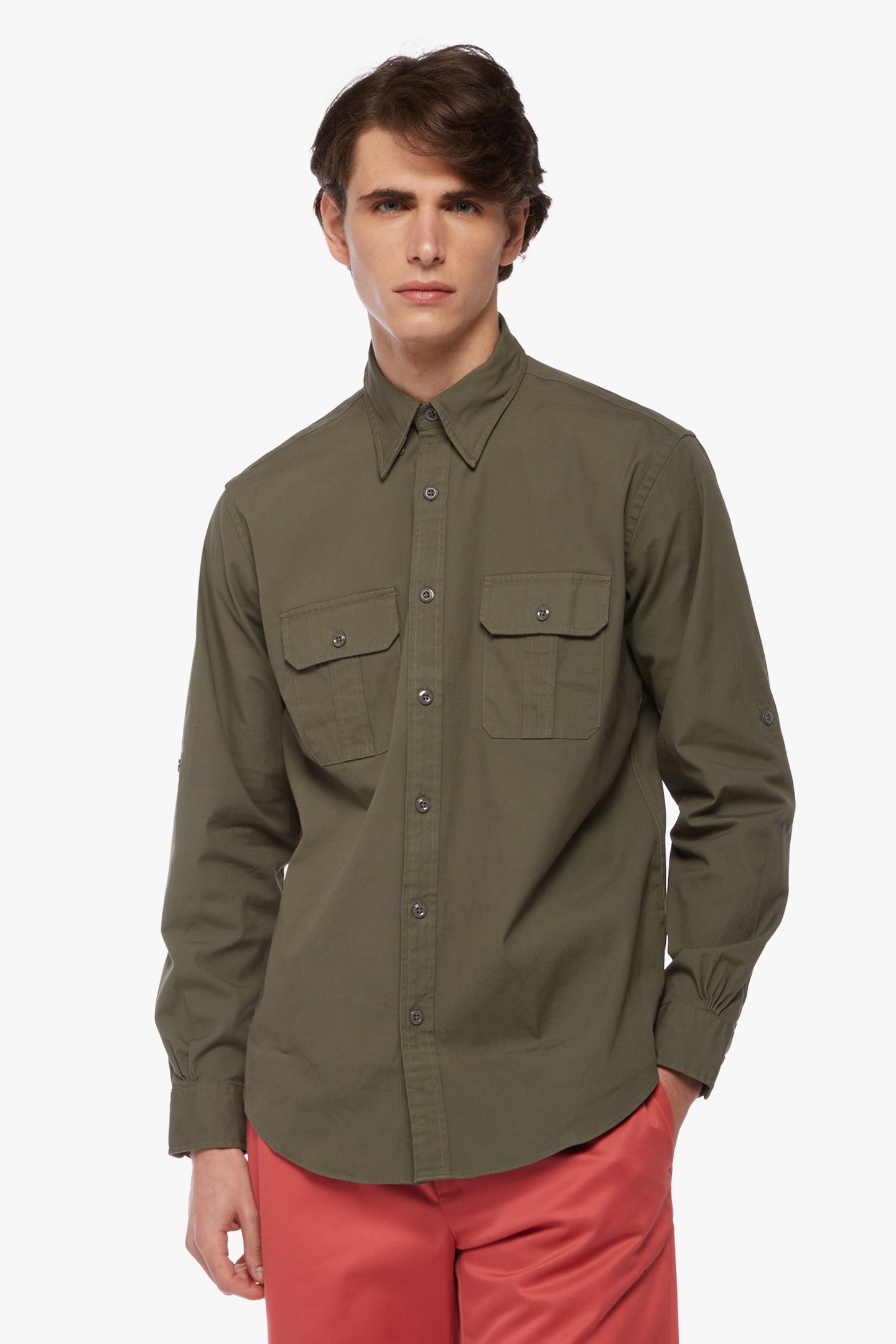 REGENT REGULAR FIT CANVAS SAFARI SPORT SHIRT DARK GREEN 1