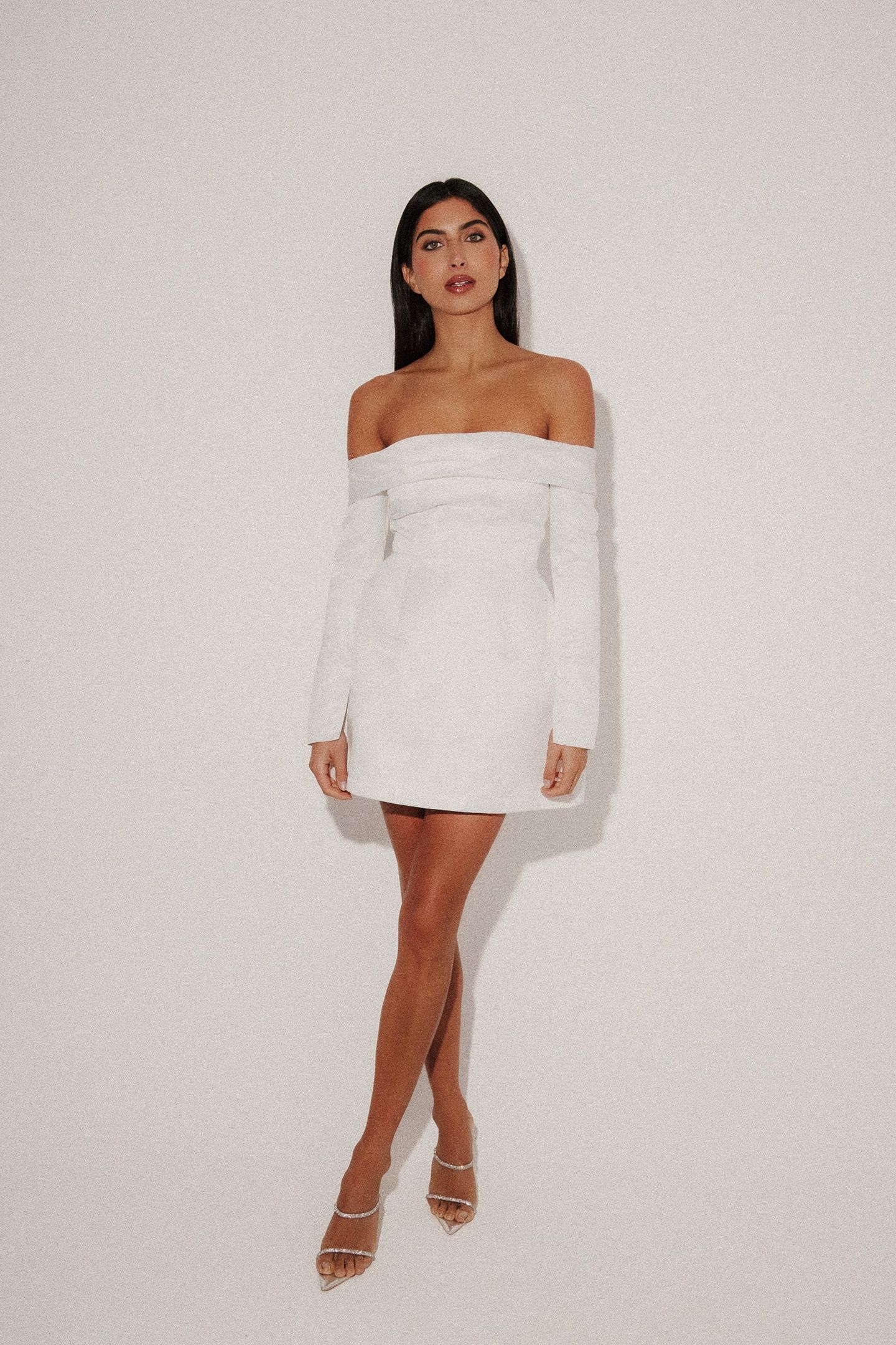 SATIN BARDOT MINI DRESS WHITE 3