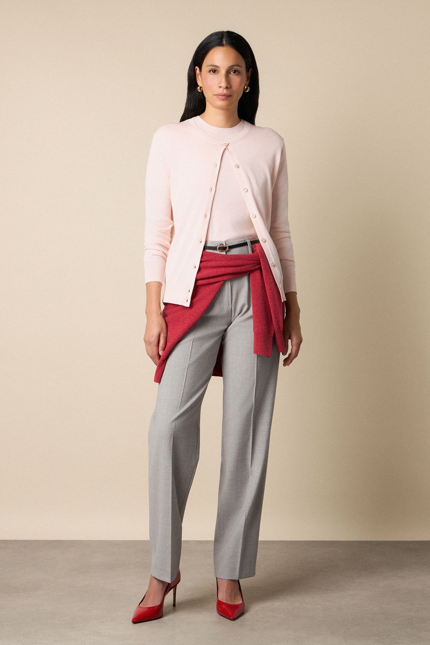 WOOL BLEND STRETCH PLEATED TROUSERS LIGHT GREY 2