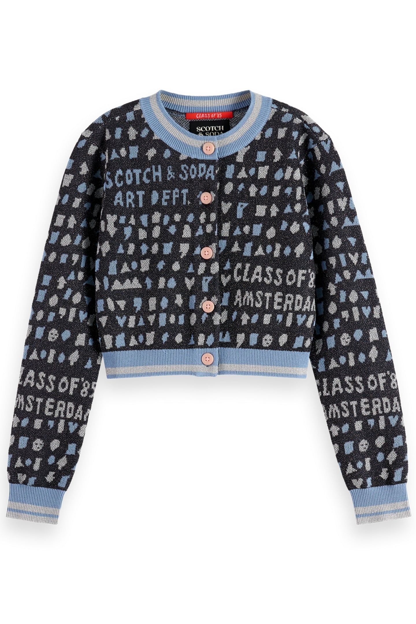 GIRL SLIM-FIT CROPPED JACQUARD CARDIGAN CHARCOAL ART 1
