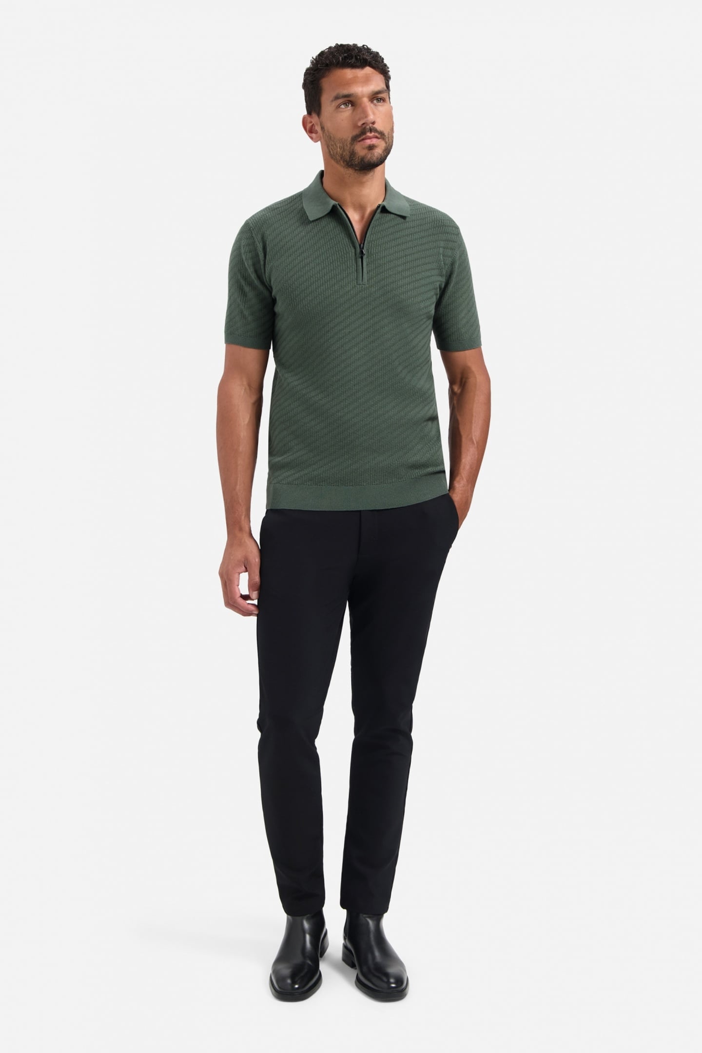 PULLOVER SHORT SLEEVE POLO ZIP SOLID JACQUARD DARK GREEN 1