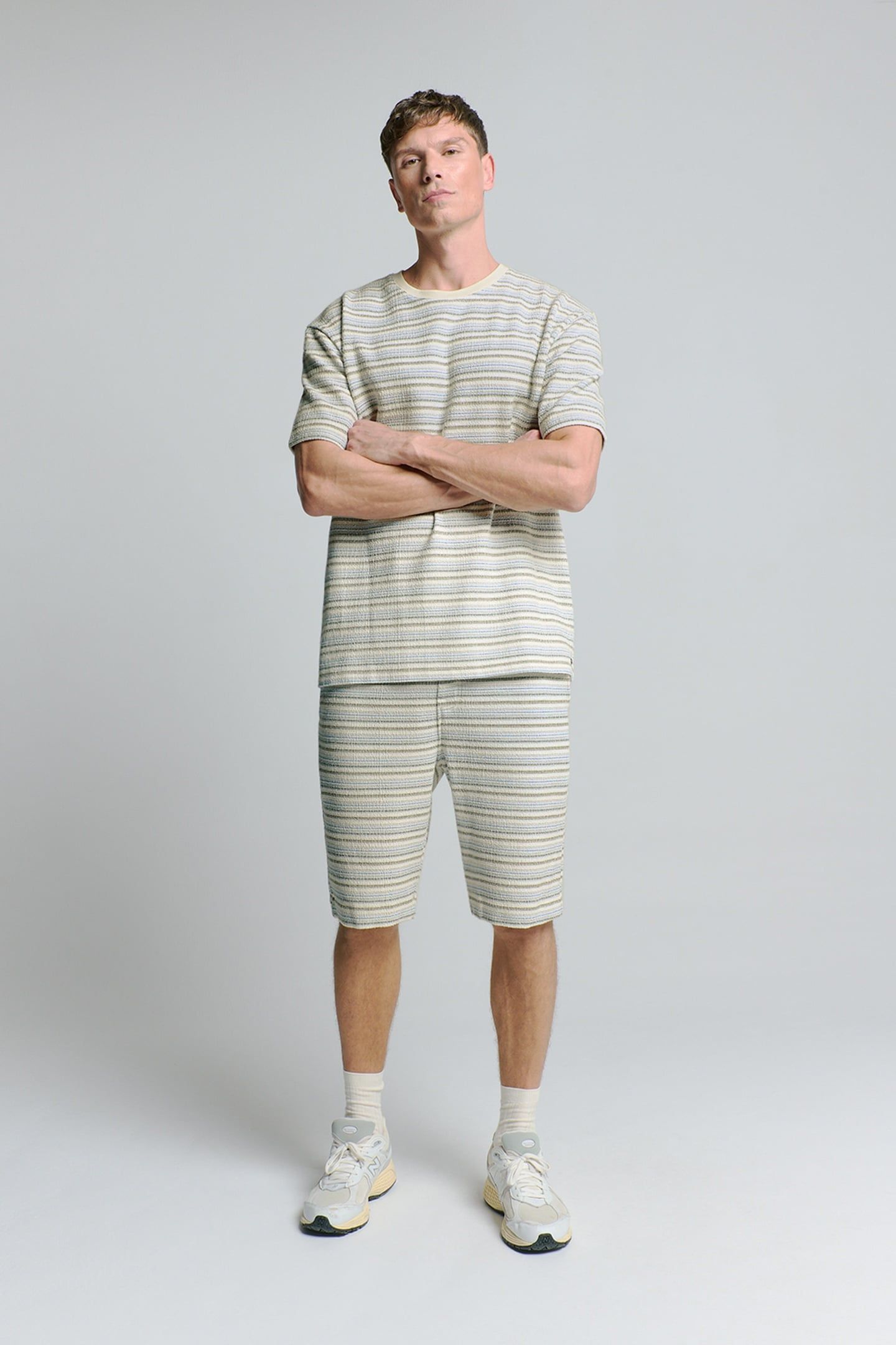 T-SHIRT CREWNECK MULTI COLOURED JACQUARD SLUB STRIPE DEEP BL 1
