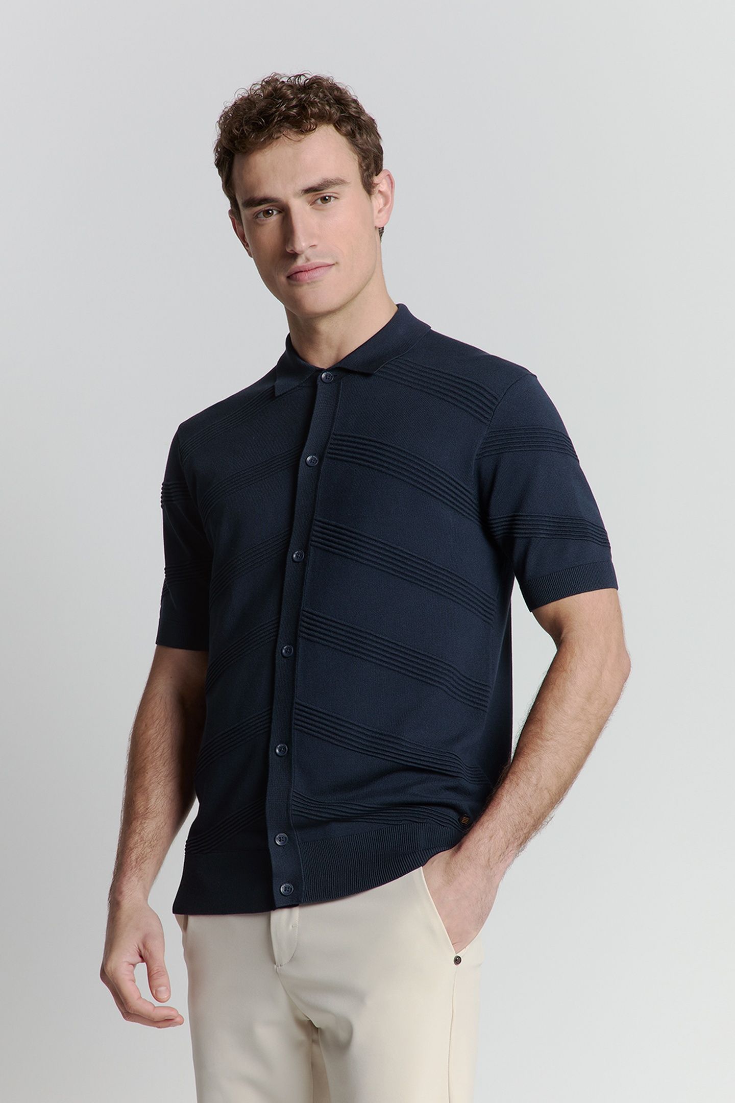 PULLOVER SHORT SLEEVE FULL BUTTON POLO RELIEF KNIT DEEP BLUE 3