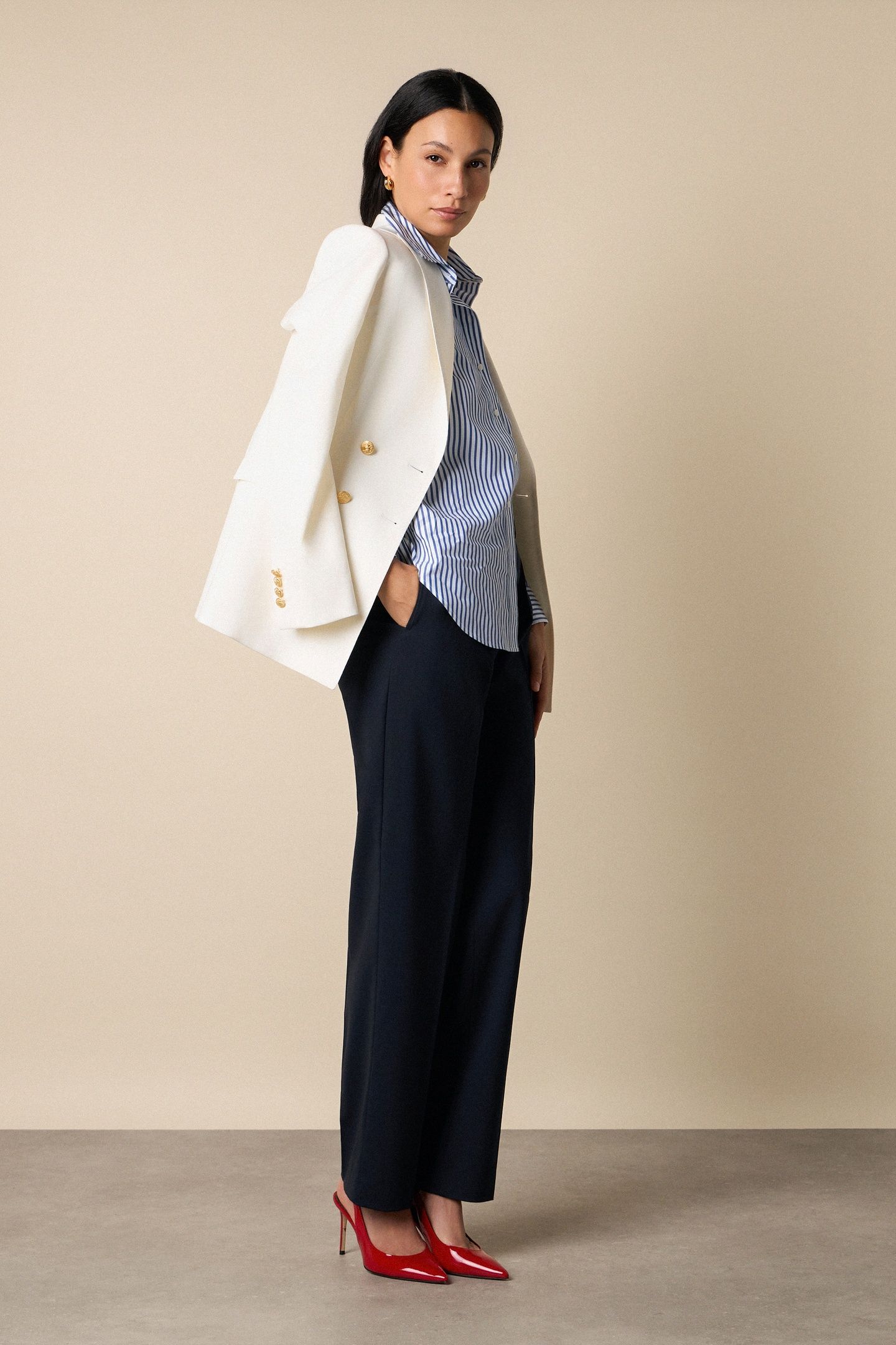 WOOL BLEND STRETCH PLEATED TROUSERS NAVY 3